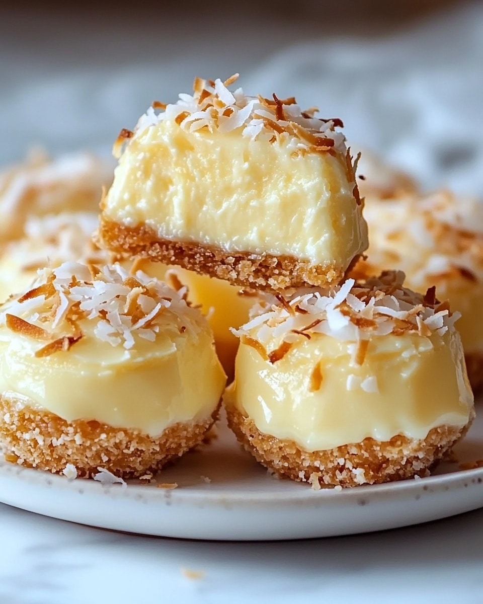 The image shows a close-up of a stack of round, creamy yellow desserts on a white plate set against a white marbled surface. Each dessert has about two layers: the bottom layer is a golden brown crust with a crumbly texture, while the top layer is a smooth, thick cream that glistens slightly. The cream layer is coated with toasted white and light brown coconut flakes that add texture and color contrast. One of the desserts at the top is cut in half, showing the soft, creamy inside with a slightly glossy surface. The arrangement is cozy and inviting, with a soft focus on the background, highlighting the desserts' textures and layers. Photo taken with an iphone --ar 4:5 --v 6.1