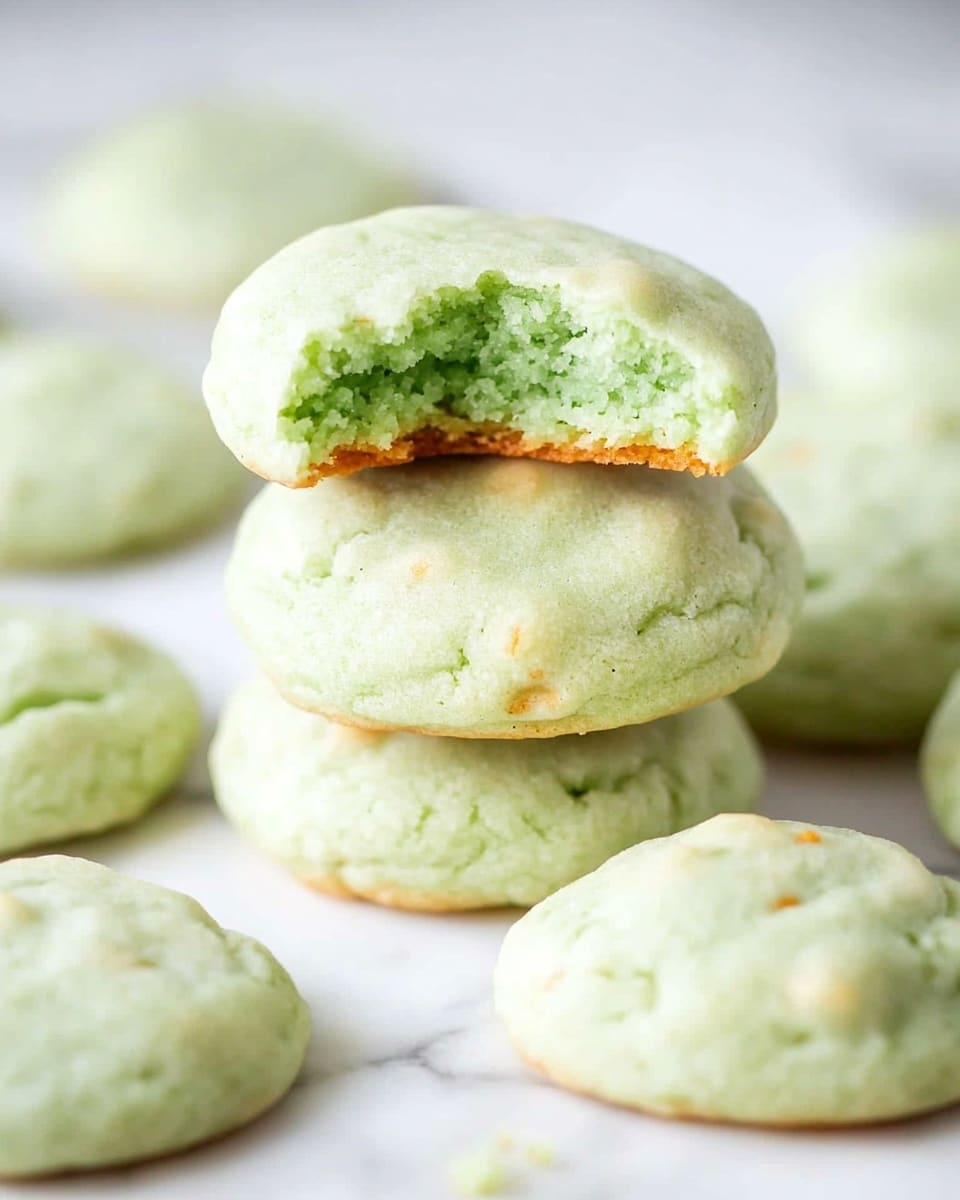 The image shows a white paper-lined black baking rack holding about ten soft, round green cookies. Each cookie has a smooth texture and a pale green color with tiny darker green and brown spots, indicating small mix-ins. The cookies are arranged in a loose cluster, with one in the front that has a bite taken out of it, showing the soft, dense inside. The surface underneath the rack is a white marbled texture. The photo taken with an iphone --ar 4:5 --v 6.1