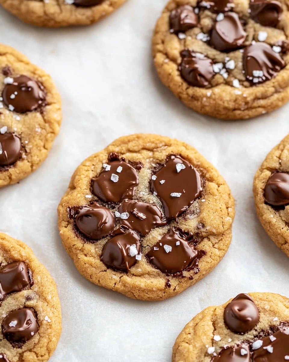 The image shows a close-up of five round chocolate chip cookies on white parchment paper over a white marbled surface. Each cookie is golden brown with a slightly cracked texture, studded with large, melted dark chocolate chips that have smooth, shiny tops and soft edges. Some chocolate chips have slight drips of melted chocolate trailing from them. There is a light sprinkling of coarse salt on top of the cookies, adding a touch of contrast. The cookies have a thick, soft appearance with uneven edges, arranged casually but filling much of the frame. photo taken with an iphone --ar 4:5 --v 6.1