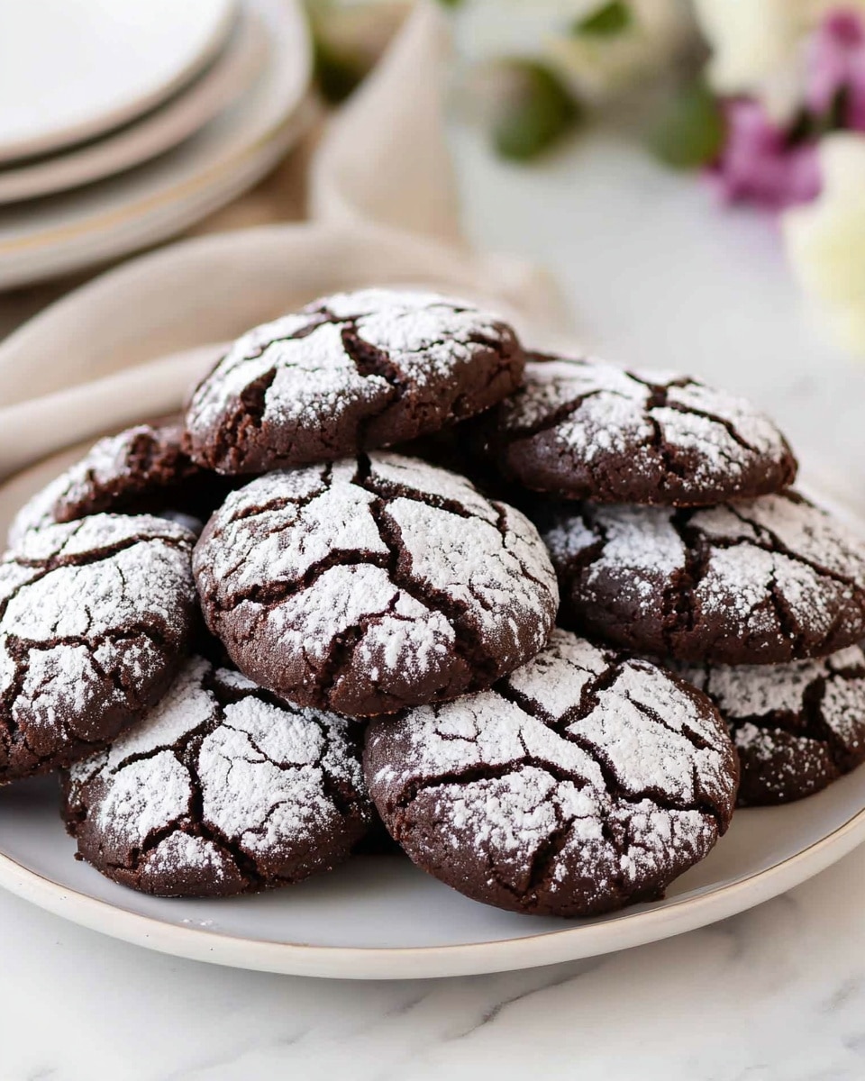 A white plate holds a cracked chocolate cookie broken in half, showing a dark, soft inside with rough textures and white powdered sugar cracked in patterns on the outside. In the background, there is another white plate stacked with more whole cracked cookies, all dark brown with white powdered cracks on top. To the right, there is a glass of milk with a smooth, creamy white surface. The setting is on a white marbled surface with a subtle floral cloth underneath, adding soft colors and texture. Photo taken with an iphone --ar 4:5 --v 6.1