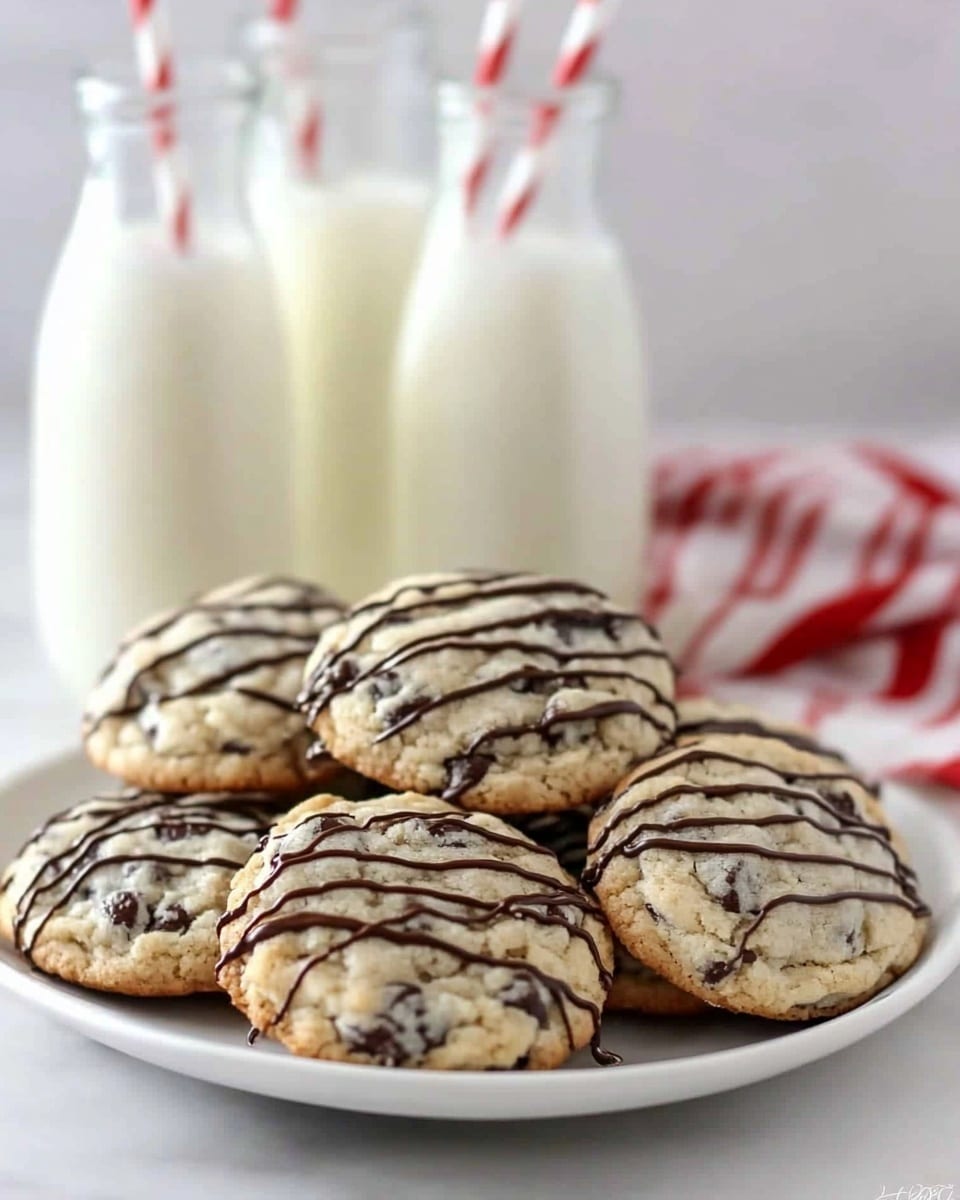 A white plate filled with six round cookies that have a light beige color with dark bits inside. Each cookie is topped with thin, uneven, dark brown chocolate lines drizzled over them. Behind the plate, there are more cookies stacked on a white plate, slightly out of focus. Two glass bottles filled with milk stand side by side in the background, each with a white and red striped straw. The surface is a white marbled texture, and a red and white cloth is partially visible to the right. photo taken with an iphone --ar 4:5 --v 6.1