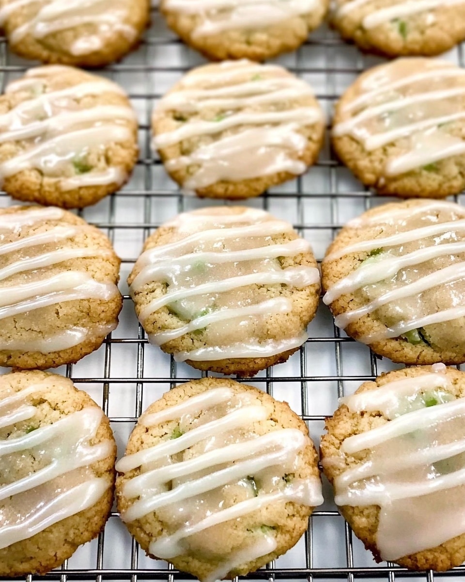 The image shows nine round zucchini cookies arranged closely on a silver cooling rack. Each cookie is light brown with visible small green bits of zucchini scattered throughout, giving a textured, slightly rough surface. On top of each cookie is a thick, glossy white glaze applied unevenly in rough stripes and patches that drip slightly onto the metal rack below. The overall look is soft and moist with a homemade feel, placed over a white marbled background. photo taken with an iphone --ar 4:5 --v 6.1