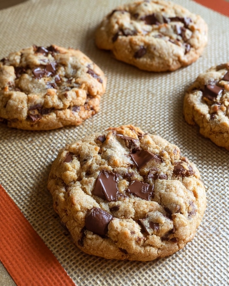 Four thick chocolate chip cookies with a golden-brown, slightly cracked top showing soft chunks of chocolate and broken pieces of cookie embedded inside are placed on a textured, tan silicone baking mat over a baking sheet; the cookies are round with a bumpy surface and a warm, inviting color. photo taken with an iphone --ar 4:5 --v 7