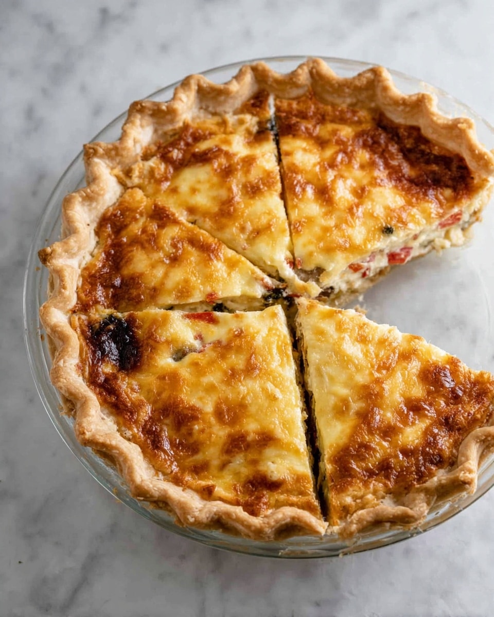The image shows a pie cut into five slices in a clear glass pie dish on a white marbled surface. The pie has a golden brown crust with a slightly crimped edge, surrounding a filling with a melted, browned cheese top layer. Underneath the cheese, hints of a creamy mixture and small pieces of red and green vegetables can be seen, adding a colorful contrast to the yellow and light brown layers. One slice is slightly pulled away, showing the layered filling clearly. Photo taken with an iphone --ar 4:5 --v 7