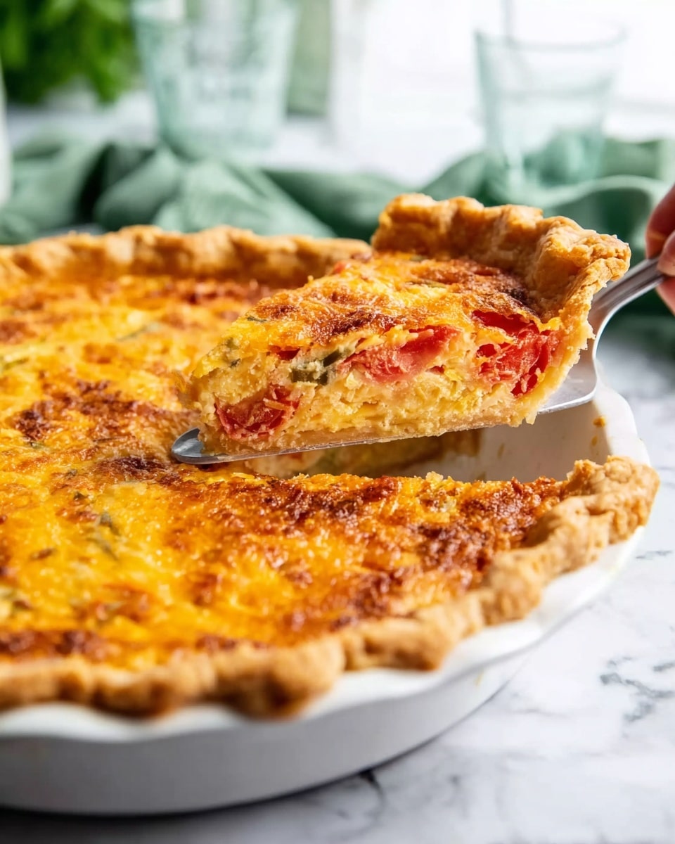 A white ceramic pie dish holds a pie with a golden brown crust that is thick and flaky around the edges. The pie has three main layers visible: the bottom crust is light and crisp, the middle layer is filled with red tomatoes and bits of green vegetables, and the top layer is covered in melted yellow and light orange cheese with a slightly crispy texture. A woman's hand is lifting one slice of the pie with a metal spatula, showing the inside layers clearly. The background features a white marbled surface and some blurred green cloth and glass, giving a fresh look. Photo taken with an iphone --ar 4:5 --v 7