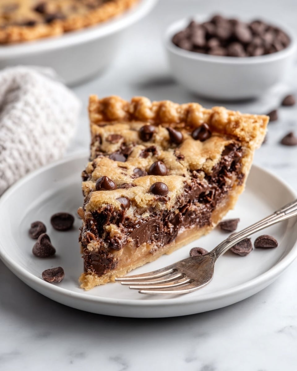 A slice of chocolate chip cookie pie sits on a white plate, placed on a white marbled surface. The pie has a golden-brown crust with a thick filling made of rich, melty dark and milk chocolate chips mixed in a soft, light brown cookie dough. The top layer is slightly bumpy with chocolate chips scattered evenly, some partially melted. Next to the plate is a silver fork and spoon, and in the background, a white bowl filled with chocolate chips is softly blurred. Photo taken with an iphone --ar 4:5 --v 7