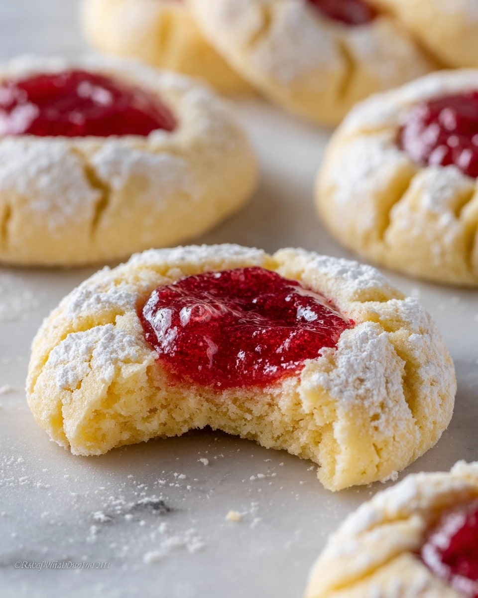 The image shows soft, round cookies with a cracked pale yellow outer layer dusted with white powder. Each cookie has a smooth, thick, deep red center filling spread evenly on top. The surface beneath them is a white marbled texture, and the closest cookie in the foreground has a small bite taken out, revealing a crumbly, moist inside. Other intact cookies are blurred softly in the background, emphasizing the main cookie. Photo taken with an iphone --ar 4:5 --v 7