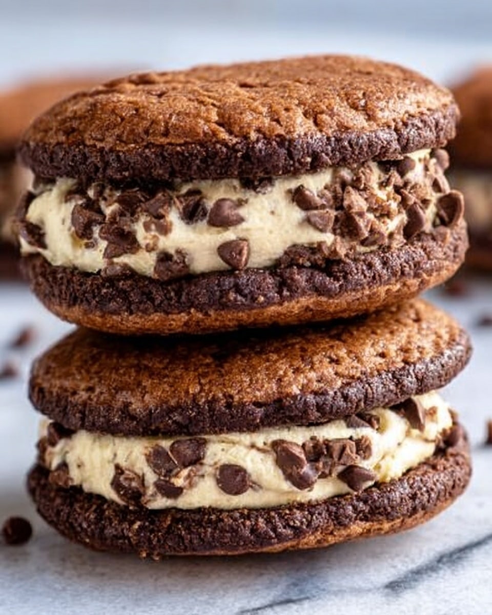 The image shows several chocolate cookie sandwiches filled with a light cream that has small chocolate chips mixed in. Each sandwich has two soft, cracked chocolate cookies forming the top and bottom layers, with the creamy filling visible in the middle. Some sandwiches are stacked, and one is cut in half, showing the thick cream layer lined with dots of chocolate chips. The cookies and cream are placed on white paper with red heart patterns, resting on a metal rack. In the background, more cookie sandwiches are on a white plate and the whole setup is on a white marbled surface next to a pink textured cloth. Photo taken with an iphone --ar 4:5 --v 7