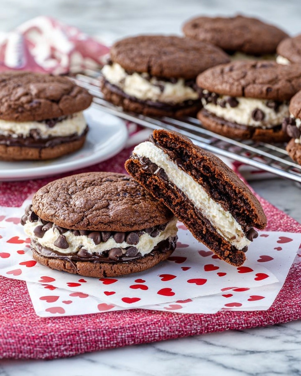 The image shows a white plate with a stack of three chocolate cookie sandwiches, each made of two dark brown cracked cookies with a creamy, light beige filling mixed with small dark chocolate chips in the middle. Next to the stack, there is one cookie sandwich broken in half showing the gooey inside with the same creamy filling and chips. A few chocolate chips are scattered around the plate. The background is a white marbled texture, and the focus highlights the rich texture of the cookies and the soft filling. Photo taken with an iphone --ar 4:5 --v 7