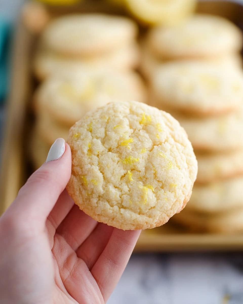 A close-up image shows a woman's hand holding a round, light yellow cookie with a slightly cracked surface and tiny bits of lemon zest on top. Behind the cookie, there is a white tray filled with many similar cookies layered closely together. The background has a soft white marbled texture with a hint of blue. The photo taken with an iphone --ar 4:5 --v 7