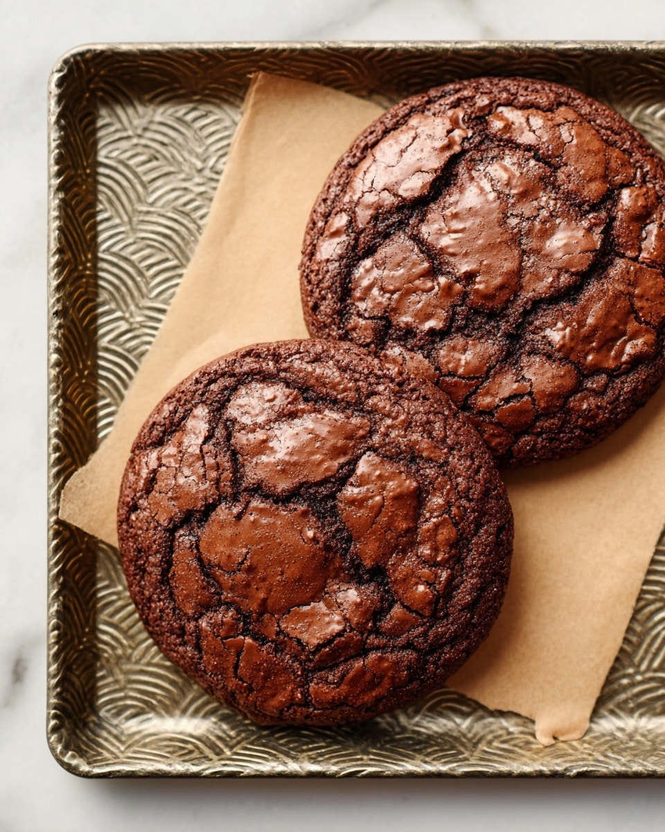 A stack of five round chocolate cookies with a cracked surface showing a rich, dark brown color and a slightly shiny texture on top. The front cookie has a bite taken out of it, revealing a dense, moist, and fudgy dark chocolate center. The cookies are placed on a wooden board with a smooth finish, set against a white marbled surface in the background. The focus is sharp on the front cookie while the rest in the stack blur gently toward the back. photo taken with an iphone --ar 4:5 --v 7