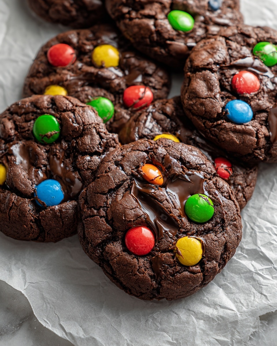 The image shows several thick, round chocolate cookies on crumpled light parchment paper, placed on a white marbled surface. Each cookie is dark brown with cracks and swirls, dotted with colorful candy pieces in red, yellow, green, blue, and orange. The candy pieces are shiny and round, sitting on top and slightly sunk into the cookies. The texture looks soft and dense, with some glossy melted chocolate drizzle on the front cookie. The cookies overlap loosely, filling the frame mostly with their rich, dark color and bright candy spots. Photo taken with an iphone --ar 4:5 --v 7