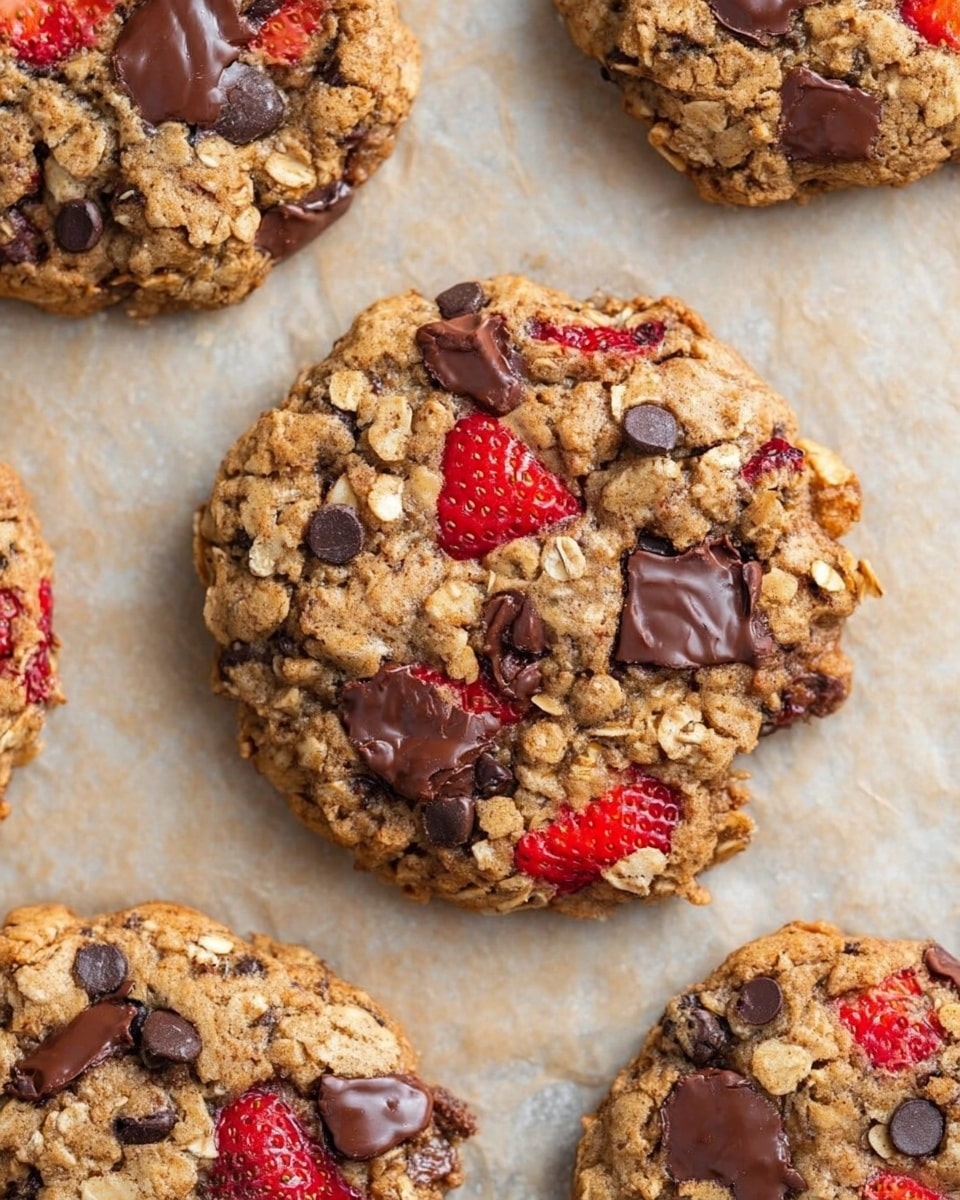 The image shows several large oatmeal cookies with chunks of melted dark brown chocolate and bright red strawberry slices mixed into the rough, golden-brown cookie dough. The cookies have a textured surface with small oat flakes and chocolate chips scattered unevenly. They are placed on light brown parchment paper which lies on a white marbled surface. The cookies have a homemade, slightly irregular shape, with visible pockets of melted chocolate and moist strawberry pieces embedded throughout. photo taken with an iphone --ar 4:5 --v 7