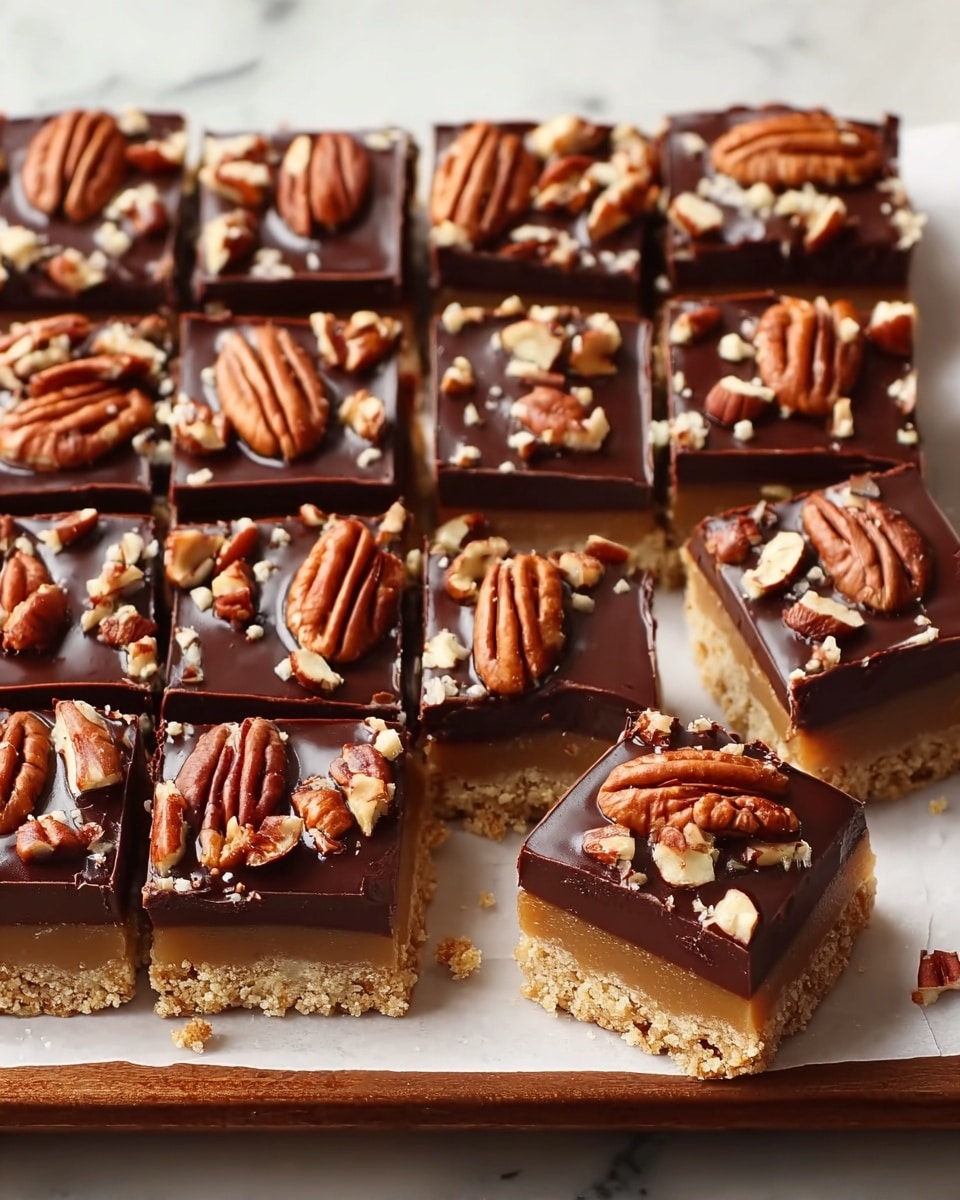 The image shows a tray of square dessert bars arranged in a close grid. Each bar has three clear layers: the bottom layer is a golden-brown crumbly crust, the middle layer is a smooth, light caramel filling, and the top layer is a dark chocolate glaze with a shiny surface. The top is decorated with whole and broken pecan nuts scattered evenly across the chocolate. The bars are on white parchment paper placed on a tray over a white marbled surface. Photo taken with an iphone --ar 4:5 --v 7