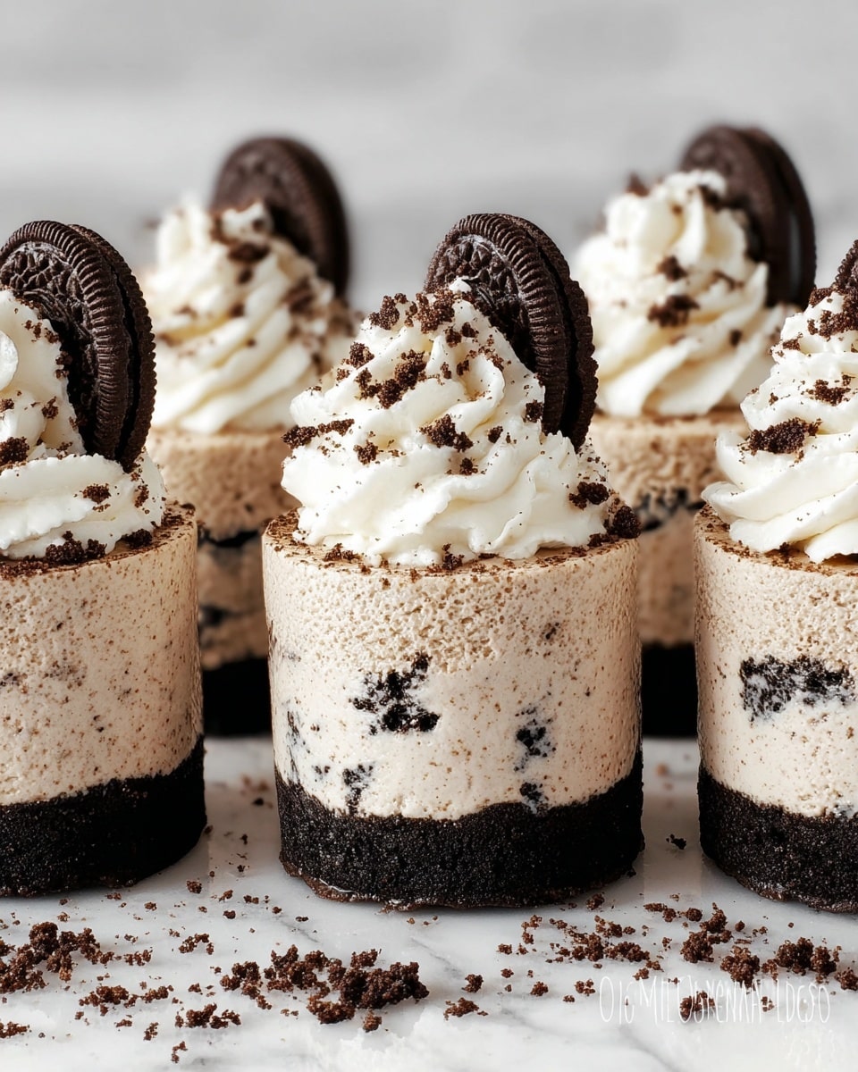 The image shows five small, round desserts arranged in a row on a white marbled surface. Each dessert has three layers: a dense, dark chocolate cookie base at the bottom, a thick middle layer of creamy cookies and cream mousse with visible cookie bits, and a top layer of white whipped cream that is swirled and sprinkled with crushed cookie crumbs. Each dessert is finished with a half dark chocolate cookie inserted into the whipped cream at an angle. The overall look is rich and textured, with a contrast between the dark cookie base and the light cream layers. Photo taken with an iphone --ar 4:5 --v 7