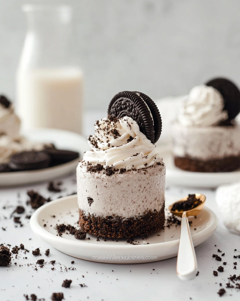 A small dessert with three layers sits on a white plate over a white marbled surface. The bottom layer is a dark brown crumbly crust. The middle layer is a light greyish cream mixed with small dark crumb bits, giving it a textured look. On top is a thick dollop of white whipped cream with soft swirled texture, sprinkled with dark cookie crumbs. Half of a dark chocolate sandwich cookie is placed upright in the whipped cream. Around the plate and surface are scattered dark cookie crumbs. A white spoon with a gold handle lies on the plate next to the dessert. In the background, there is a blurred glass of milk and another similar dessert. Photo taken with an iphone --ar 4:5 --v 7