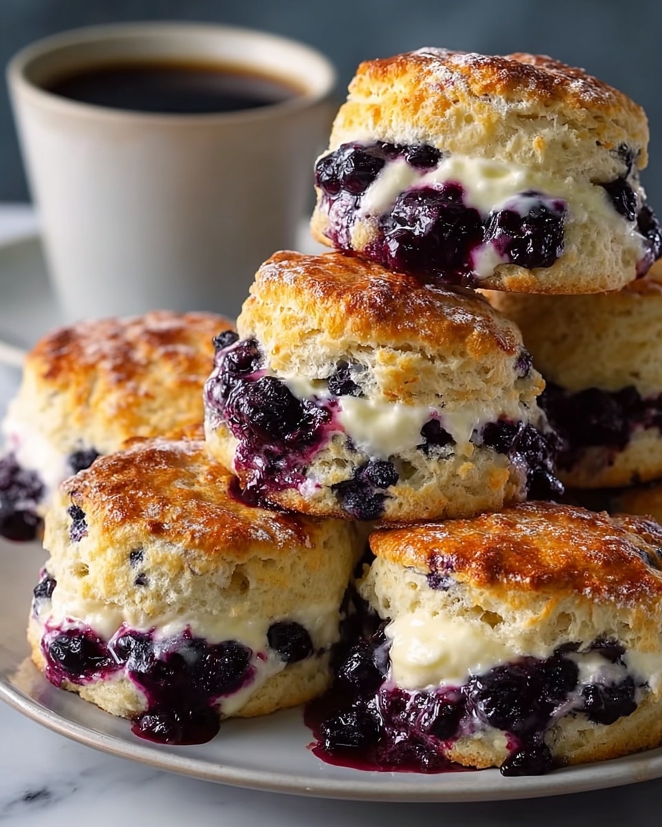 The image shows a tray with eight golden brown biscuits, each split into two layers. The top and bottom biscuit layers have a slightly rough, crispy texture and are light golden in color with a soft, fluffy interior. Between the biscuit layers is a thick filling of glossy dark purple blueberries mixed with white cream that oozes slightly from the sides. The biscuits are lightly dusted with white powdered sugar on top. The tray sits on a white marbled surface. photo taken with an iphone --ar 4:5 --v 7