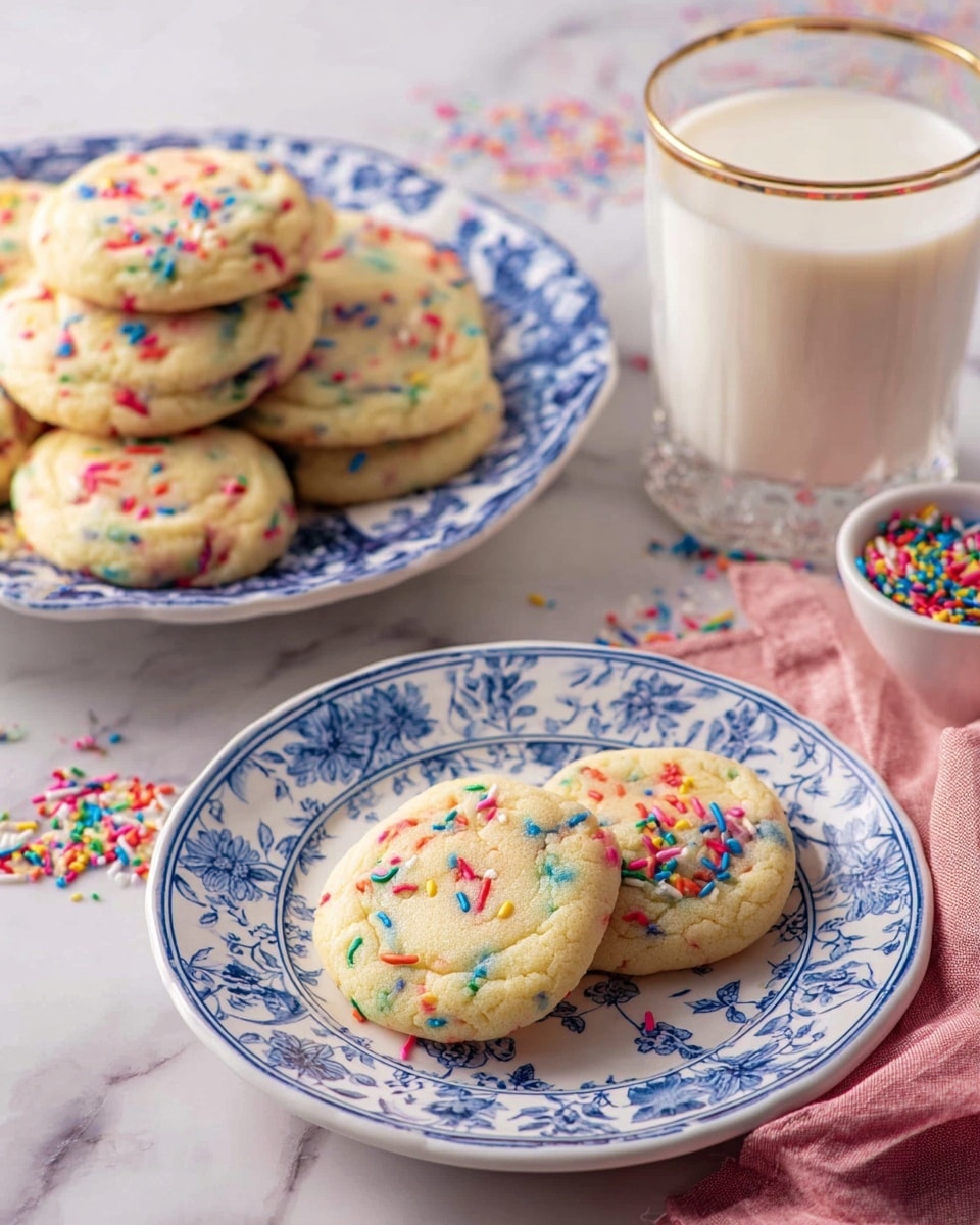 The image shows a white plate with a blue floral pattern holding two round, soft cookies with a light golden color and colorful sprinkles on top. Behind it, there is a larger white plate with a blue pattern piled with more of the same cookies. To the right, there is a clear glass filled with milk, and colored sprinkles are scattered around the plates on a white marbled surface. A pink cloth is partially visible under the smaller plate. Photo taken with an iphone --ar 4:5 --v 7