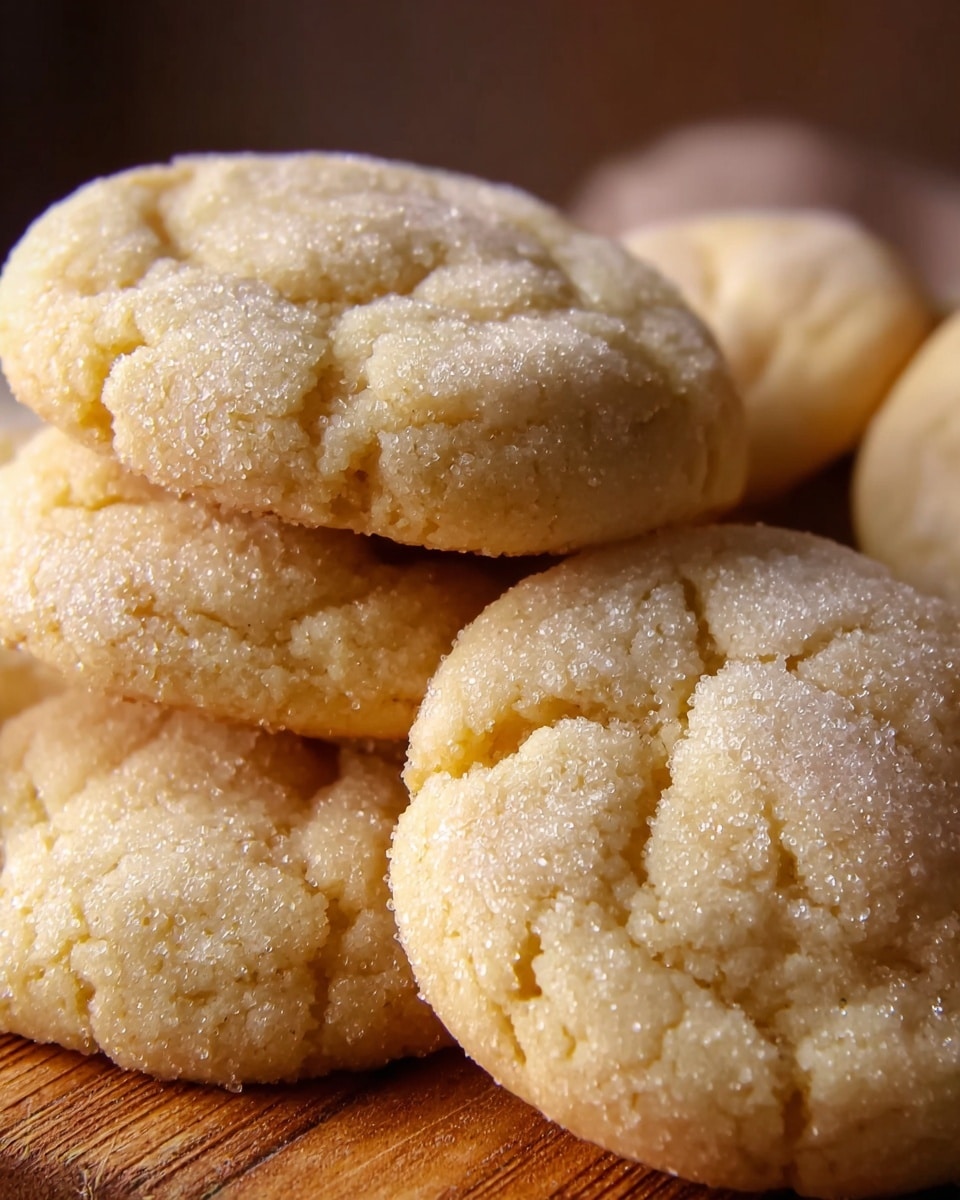 A close-up view of a group of soft, round cookies stacked on a wooden surface. Each cookie has a light golden color with a slightly cracked and grainy sugar-coated texture on top. The cookies appear thick and soft, with gentle ridges and dimples. The background is softly blurred, keeping the focus on the cookies with warm lighting highlighting their texture and shape. photo taken with an iphone --ar 4:5 --v 7