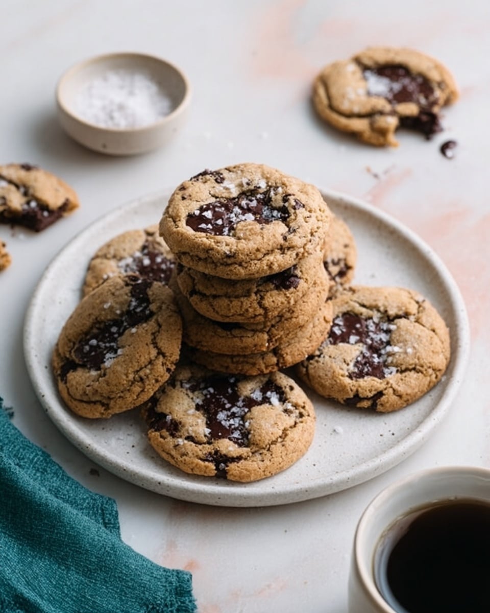 A white round plate filled with a stack of seven golden brown cookies with visible dark chocolate chunks melted inside, lightly sprinkled with coarse salt. The plate sits on a white marbled surface with a teal cloth partially visible in the lower left corner. Around the plate, there are two extra cookies, one whole and one broken, with some chocolate crumbs next to them. A small white bowl with coarse salt sits near the top of the image, and a white cup filled with black coffee is positioned in the lower right corner. A woman's hand is not visible but implied by the placement of items. Photo taken with an iphone --ar 4:5 --v 7