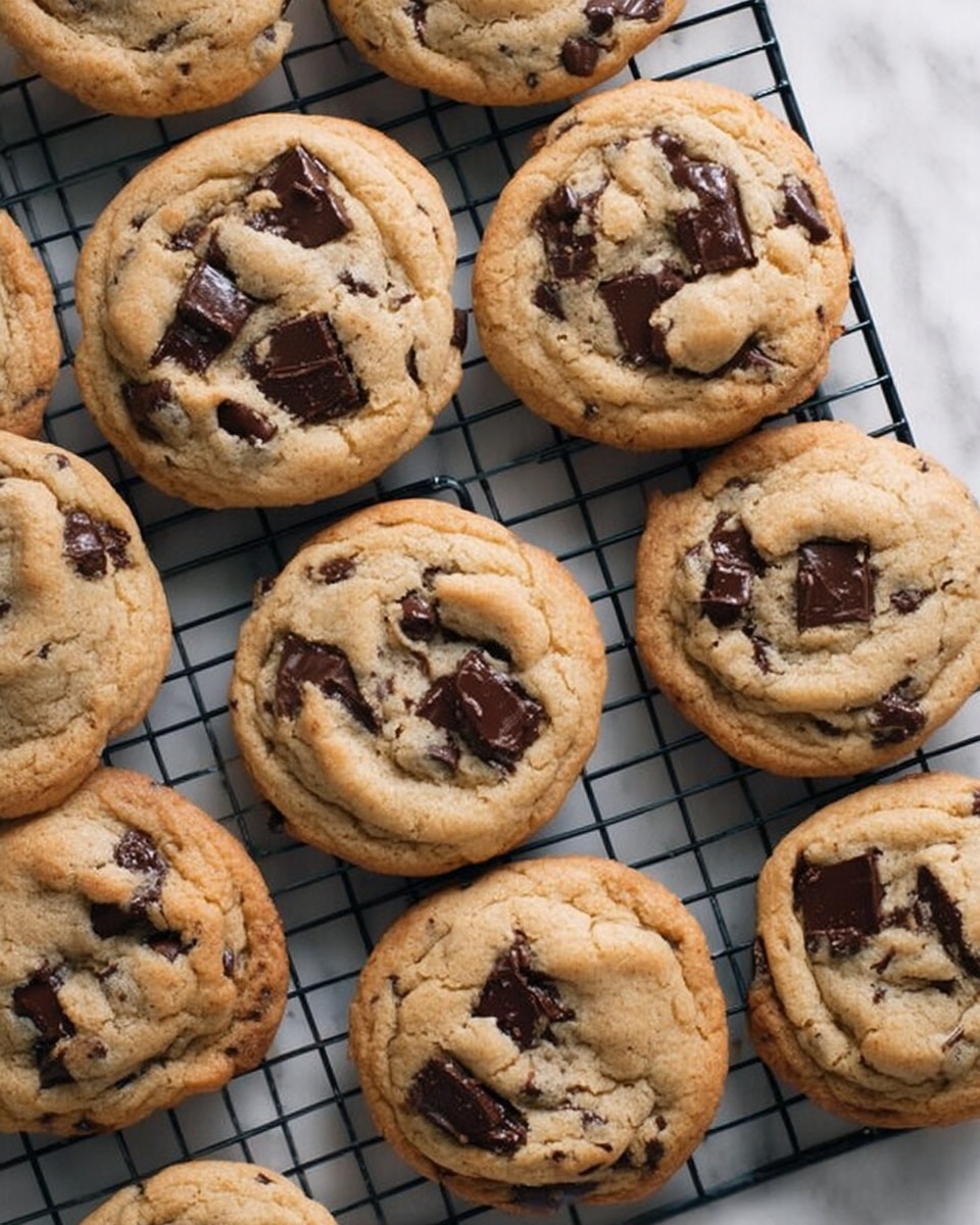 Multiple freshly baked chocolate chip cookies are arranged closely on a black wire cooling rack. Each cookie is round with a light golden-brown color and contains several large, dark, chunky chocolate pieces embedded on the top surface. The cookies have a soft, slightly crinkled texture with cracks revealing a tender inside. The scene is set above a white marbled surface that contrasts with the darker cooling rack and cookies. photo taken with an iphone --ar 4:5 --v 7