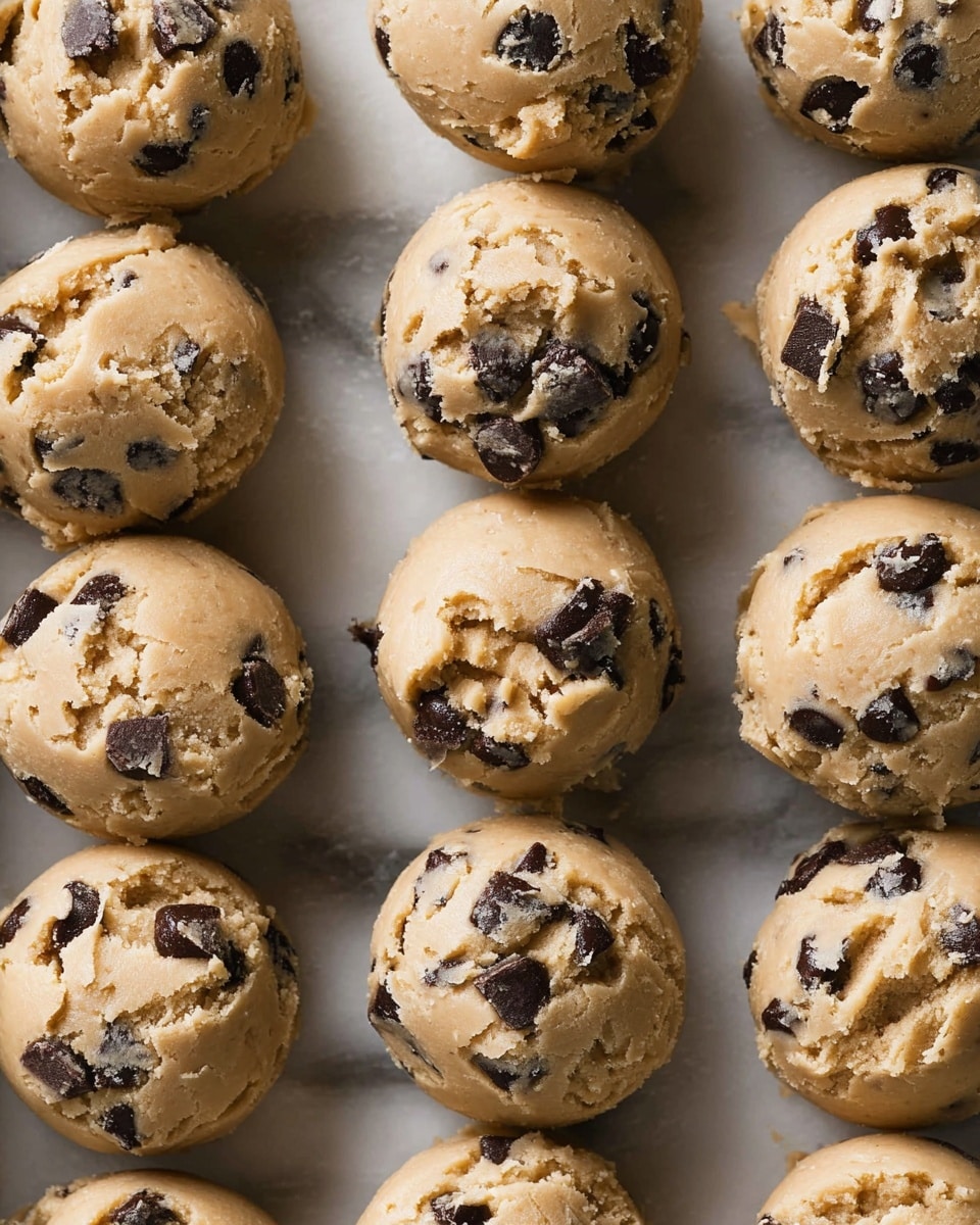 The image shows a close-up view of several scoops of cookie dough arranged neatly in rows on a white marbled surface. Each scoop is round and light brown with visible dark brown chocolate chunks embedded throughout. The dough looks soft and slightly textured with small rough edges where the scoops were formed. The scoops are tightly packed, covering most of the frame. photo taken with an iphone --ar 4:5 --v 7