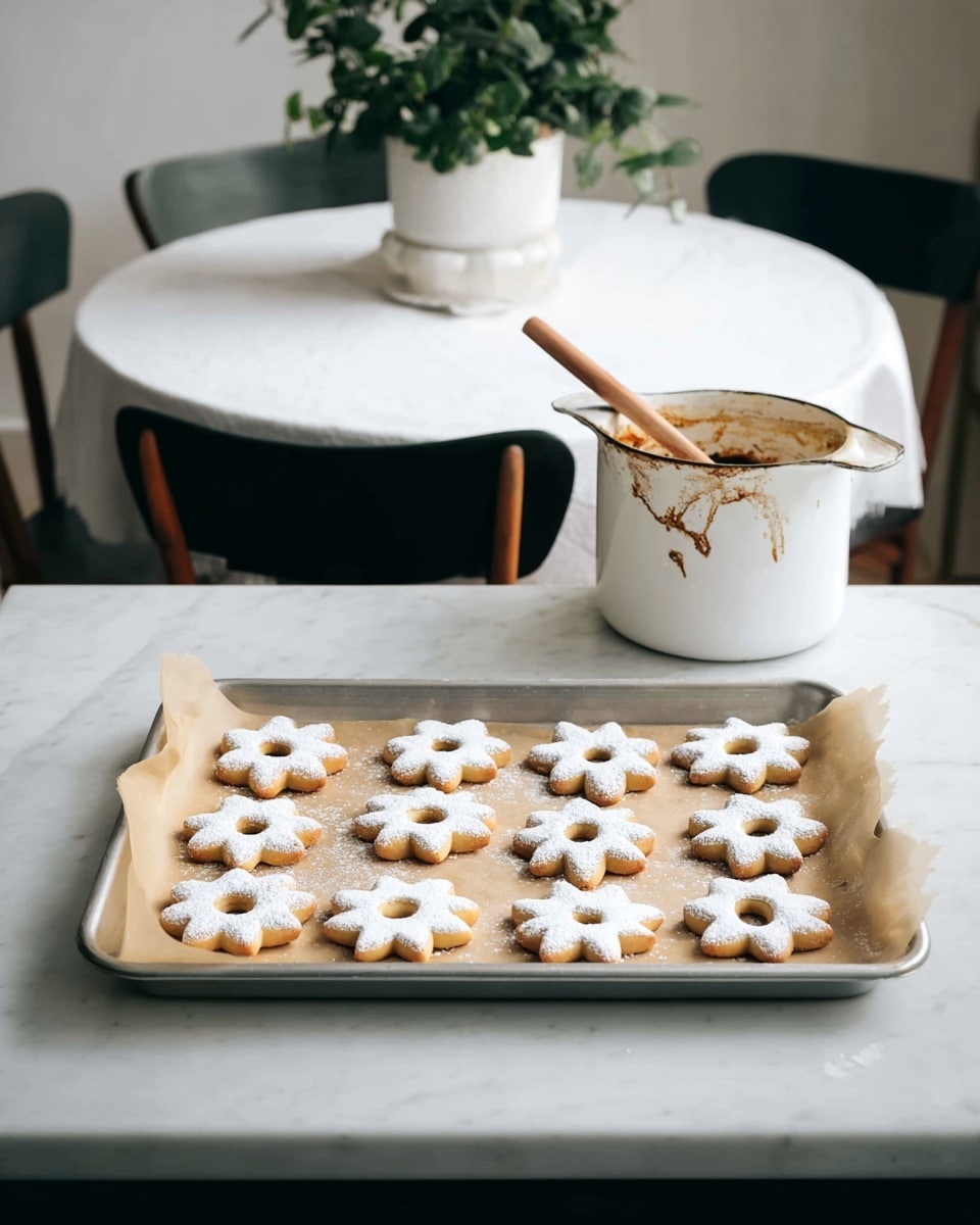 A silver baking tray holds two layers of cookies arranged neatly on parchment paper. Each cookie has a bottom layer of light golden dough and a top layer of the same dough with a hole in the center, dusted with white powdered sugar. The cookies are shaped as circles with scalloped edges and stars, placed in alternating rows. Behind the tray, a white pot with brown stains and a wooden spoon inside sits on the white marbled surface. In the background, a round table covered with a white cloth has a white planter with a green leafy plant on it, and a black chair is partially visible. photo taken with an iphone --ar 4:5 --v 7
