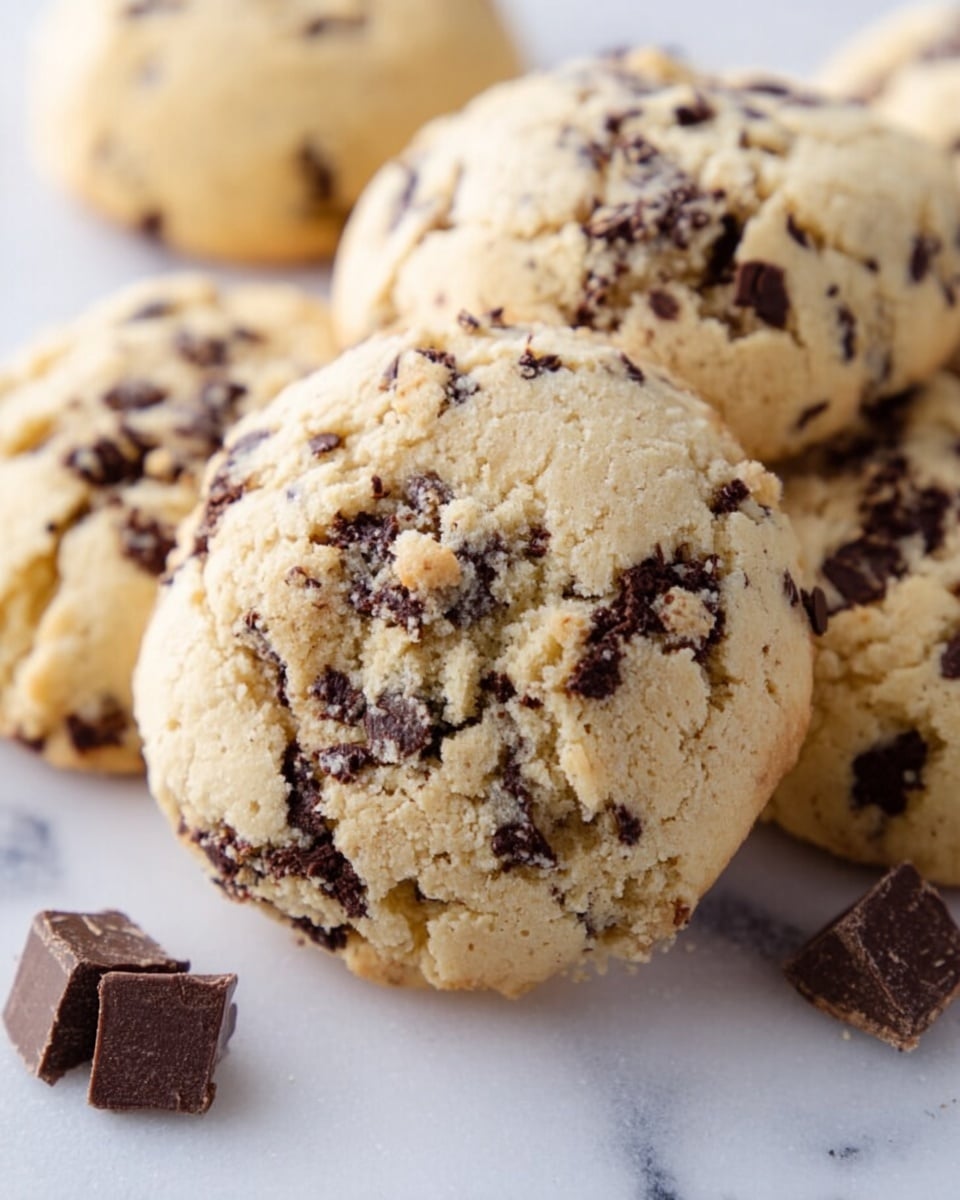 A close-up image of a single round cookie with a light beige dough filled with irregular dark brown chocolate chips evenly spread inside. The cookie has a slightly cracked and rough surface texture. In the background, more similar cookies, slightly out of focus, are placed side by side. The setup is on a white marbled surface with a few scattered chocolate chips near the bottom right corner. photo taken with an iphone --ar 4:5 --v 7