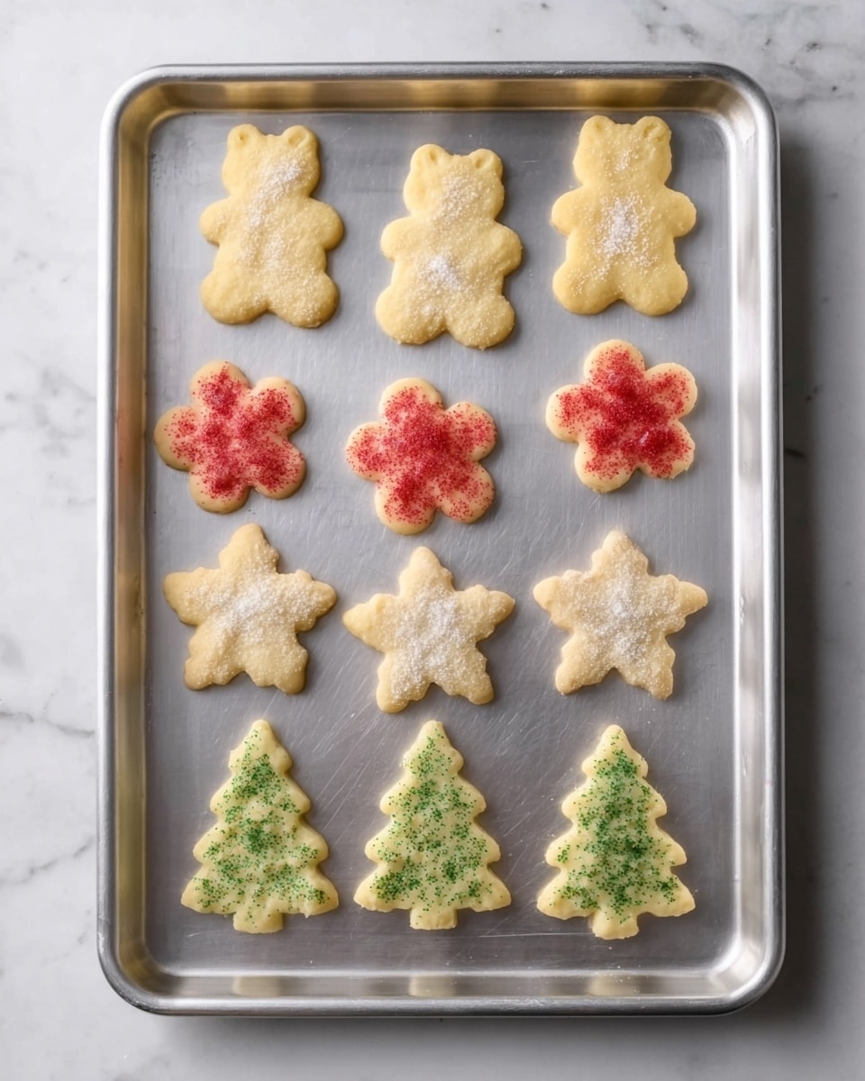 A white bowl lined with crumpled white parchment paper holds many soft yellow shortbread cookies in flower and Christmas tree shapes. The cookies are sprinkled with red, green, white, and golden sugar crystals on top. Around the bowl, there are more cookies scattered on a white marbled surface, with some having red sugar, some green sugar, and others white or golden sugar, adding a festive look. A white towel with red stripes is partly visible near the cookies. photo taken with an iphone --ar 4:5 --v 7
