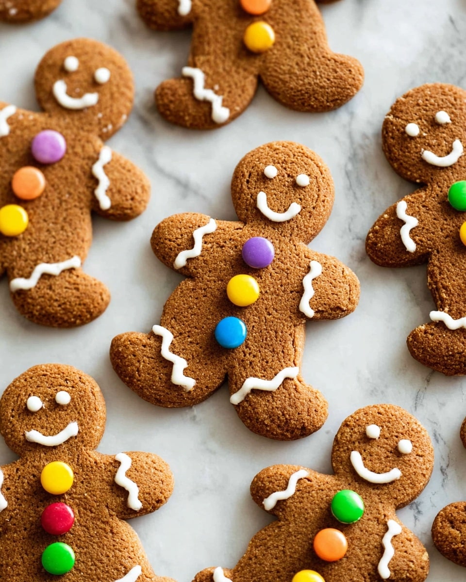 The image shows several gingerbread cookies shaped like little people, placed on a white marbled surface. Each cookie is brown with a slightly rough texture and decorated with white icing to create smiling faces, eyes, and wavy lines on the arms and legs. The bodies of the cookies are adorned with colorful round candy buttons in purple, yellow, red, orange, blue, and green colors, arranged in a vertical line down the front. Some cookies are partially overlapping, giving the image a casual, cozy feel. Photo taken with an iphone --ar 4:5 --v 7