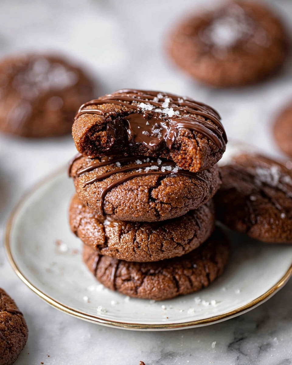 A stack of four brown chocolate cookies sits on a white plate with a thin gold rim, placed on a white marbled surface. The top cookie is bitten to show a soft, melted dark chocolate center with a slightly rough texture. Each cookie is drizzled with thin lines of melted chocolate and sprinkled with a few coarse grains of white salt, giving a textured look to their surfaces. Around the plate, a few more similar cookies lie scattered, blurred softly in the background. Photo taken with an iphone --ar 4:5 --v 7