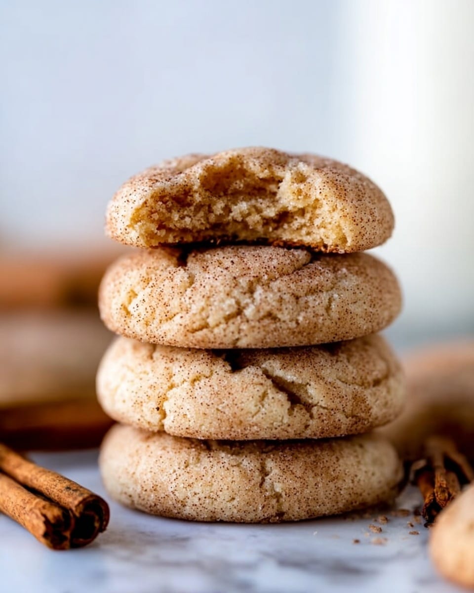 A stack of four round, thick cookies with a cracked, slightly rough texture, showing a light golden brown color with sugar and spices visible on the surface; the top cookie has a small bite taken out, revealing a soft inside with a similar light brown shade. The stack sits on a white marbled surface with blurred elements of cinnamon sticks on the side and a blurred white background. Photo taken with an iphone --ar 4:5 --v 7