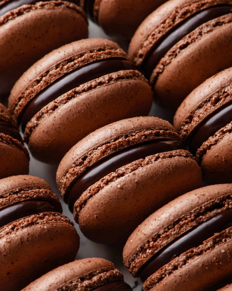 The image shows many chocolate macarons arranged close together, each macaron having two smooth, round, light brown shells with slightly rough edges, sandwiching a thick, shiny dark chocolate filling in the middle. The shells have a soft texture, and the dark filling looks dense and creamy. All macarons are tightly packed, filling the frame with their neat rows. The background is a white marbled texture. photo taken with an iphone --ar 4:5 --v 7