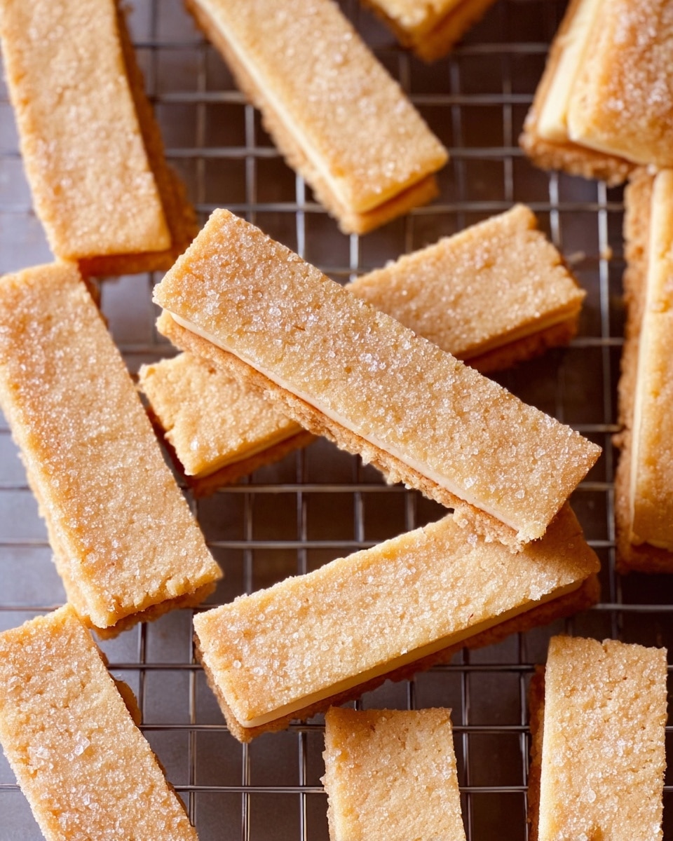 The image shows many light golden brown rectangular shortbread cookies arranged on a metal cooling rack. Each cookie has a sugar-coated top with a grainy texture visible, and the edges show a slightly crisp texture. One cookie is turned on its side in the center, revealing two even layers of cookie with a thin layer of filling in the middle. The overall look is neat and uniform with a soft, buttery appearance. The photo taken with an iphone --ar 4:5 --v 7