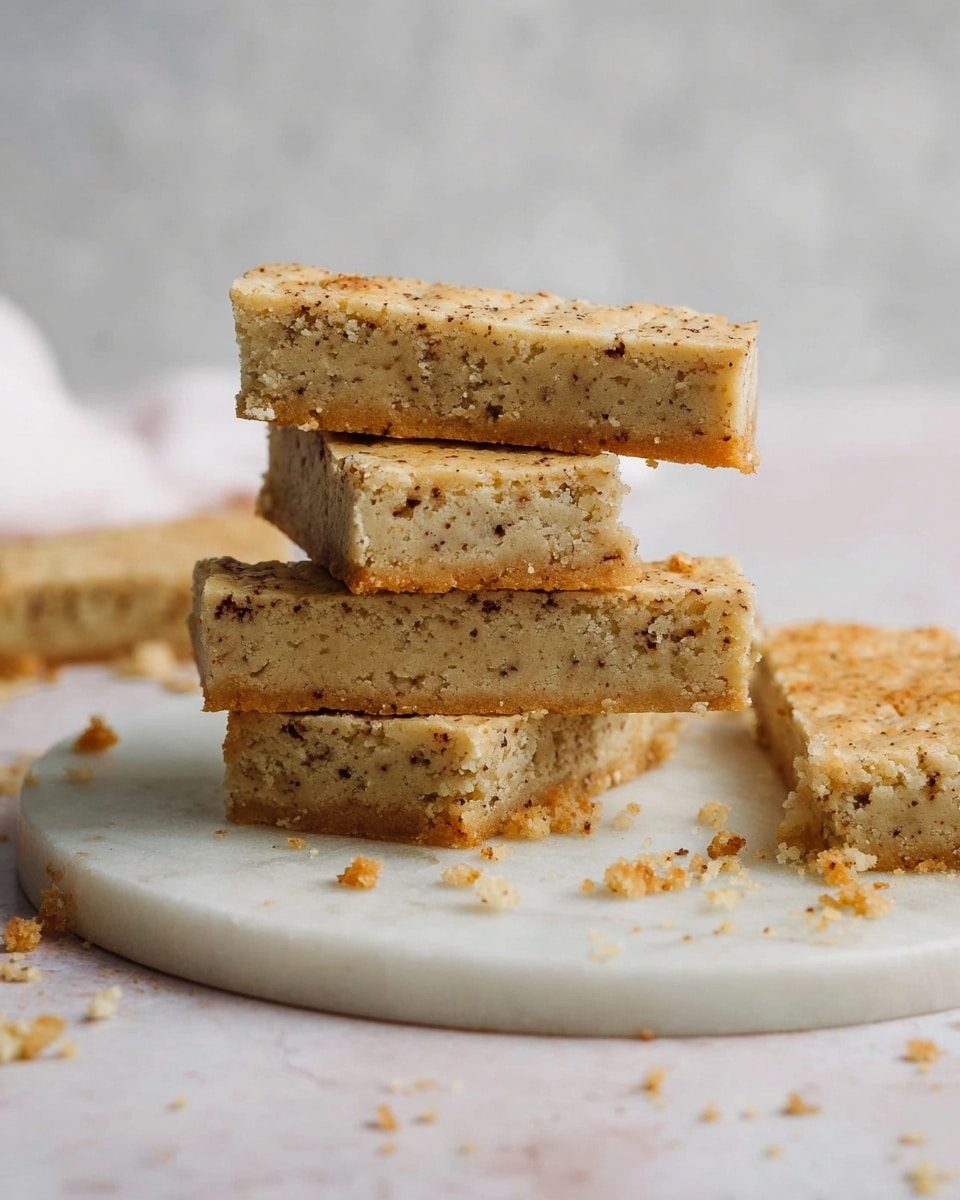 A stack of five rectangular bars with a crumbly texture and light golden brown color, each bar speckled with small dark bits evenly spread throughout. The top bar is partially eaten, showing a soft inside with a slightly rough surface. The bars are arranged on a round white marble plate with more bars and crumbs scattered around it. The background is a white marbled texture. photo taken with an iphone --ar 4:5 --v 7