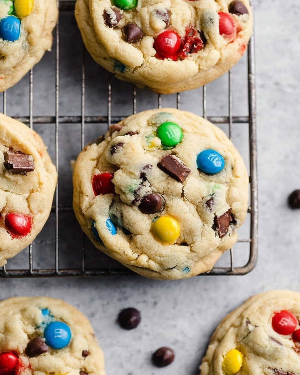 The image shows thick, soft cookies on a wire cooling rack with a white marbled surface underneath. Each cookie is pale golden with small cracks on the surface, embedded with colorful candy-coated chocolate pieces in red, blue, yellow, and green, as well as small chocolate chips scattered throughout. The cookies are round and slightly puffy, with some candy pieces partially melted into the dough, giving a textured and inviting look. Few loose chocolate chips are scattered around the cookies on the cooling rack. photo taken with an iphone --ar 4:5 --v 7
