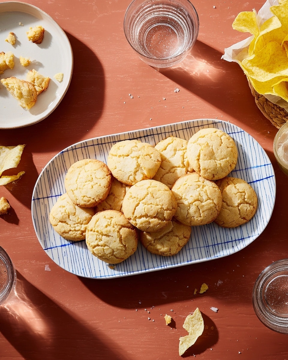 The image shows a white oval plate with blue grid lines holding twelve light golden cookies arranged in two loose layers, with some cookies slightly overlapping near the center of the plate. To the left, there is a smaller white round plate with broken cookie pieces visible on it. On the reddish-brown table, scattered cookie crumbs and potato chips appear near a crumpled yellow chip bag. Two clear glasses of water cast soft shadows on the table. The setting is bright, and the overall look is warm and inviting, with a white marbled texture visible under the reddish-brown table. Photo taken with an iphone --ar 4:5 --v 7