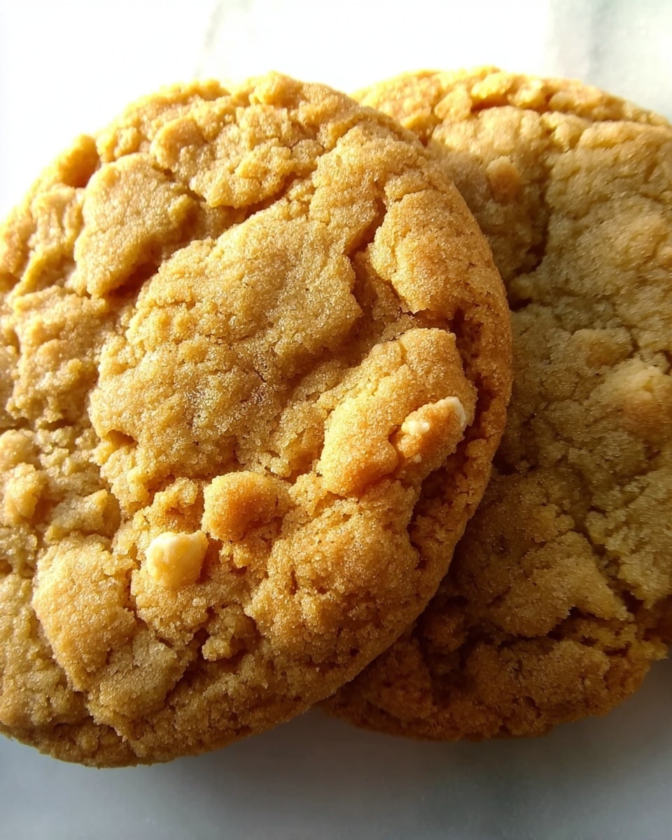 The image shows two close-up golden brown cookies with a rough, crumbly texture and uneven surfaces. They appear soft and thick with a slightly cracked top layer, resting closely beside each other on a white marbled surface. Light shines brightly from one side, highlighting the cookies' uneven edges and surface details, making them look warm and freshly baked. Photo taken with an iphone --ar 4:5 --v 7
