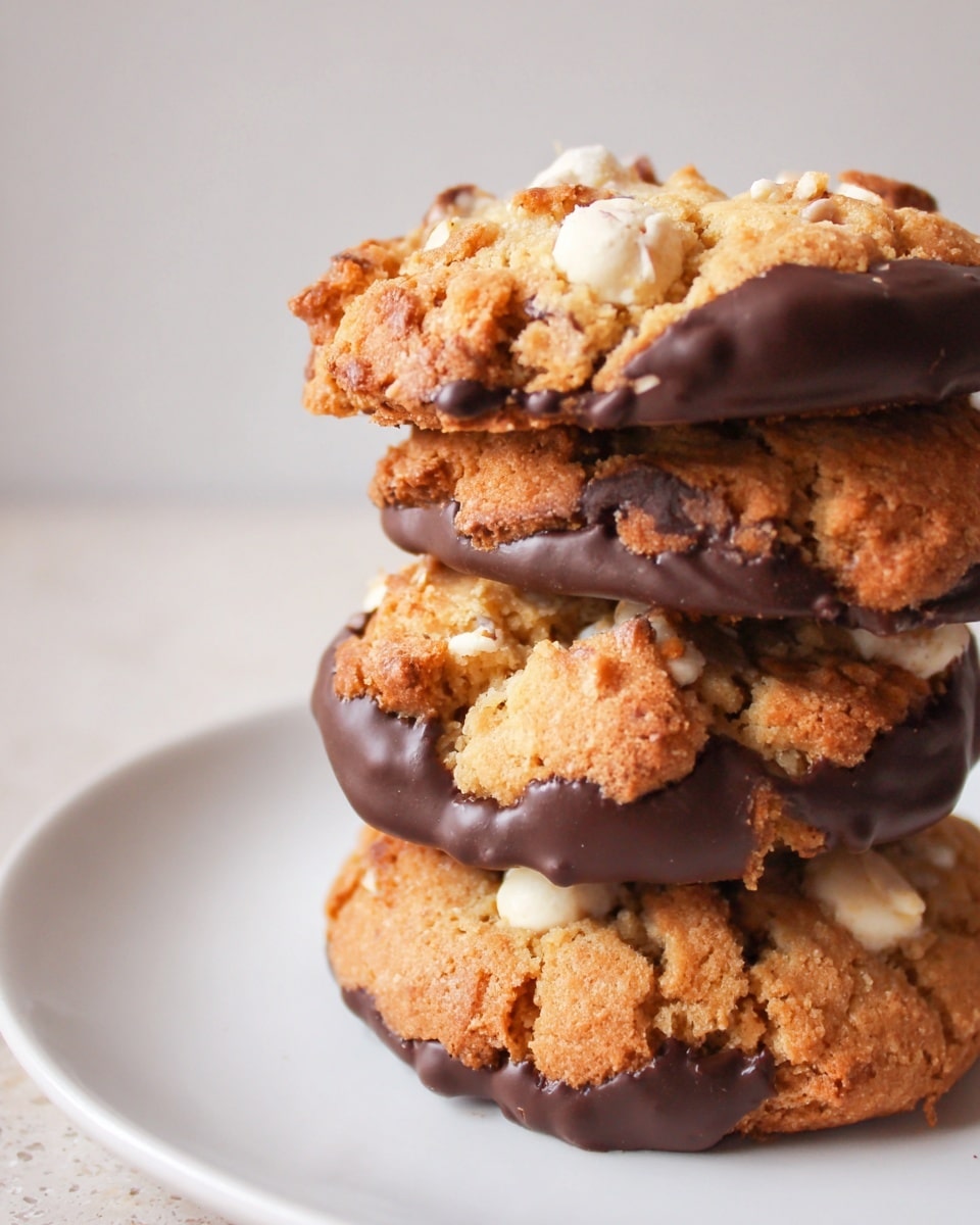 A stack of four thick, round cookies sits on a white plate with a white marbled surface background. Each cookie is golden brown with a rough texture and visible white chips. The bottom and sides of every cookie are dipped in dark chocolate, creating a glossy dark brown layer around the edges. The cookies are stacked unevenly, showing cracks and chunks on their surface, adding a rustic look. Photo taken with an iphone --ar 4:5 --v 7