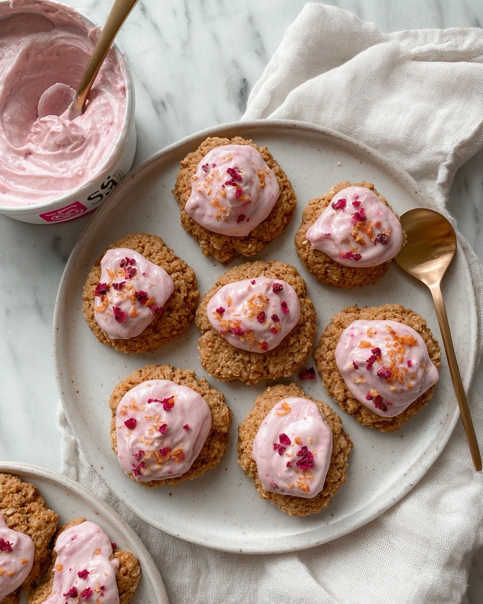 The image shows two white plates with several cookies on them. Each cookie has a base layer of a rough-textured, light brown cookie and a top layer of uneven, light pink frosting with small dark pink bits and light orange sprinkles scattered on top. One plate has seven cookies arranged closely together, while the other plate holds four cookies with a gold spoon resting on it, the spoon carrying some of the light pink frosting. There is also a partially empty white bowl with more light pink frosting inside, with a spoon resting in it. A container of raspberry-flavored plant-based yogurt is placed beside the plates on a white marbled surface, with a white cloth draped partly underneath it. The photo is taken with an iphone --ar 4:5 --v 7