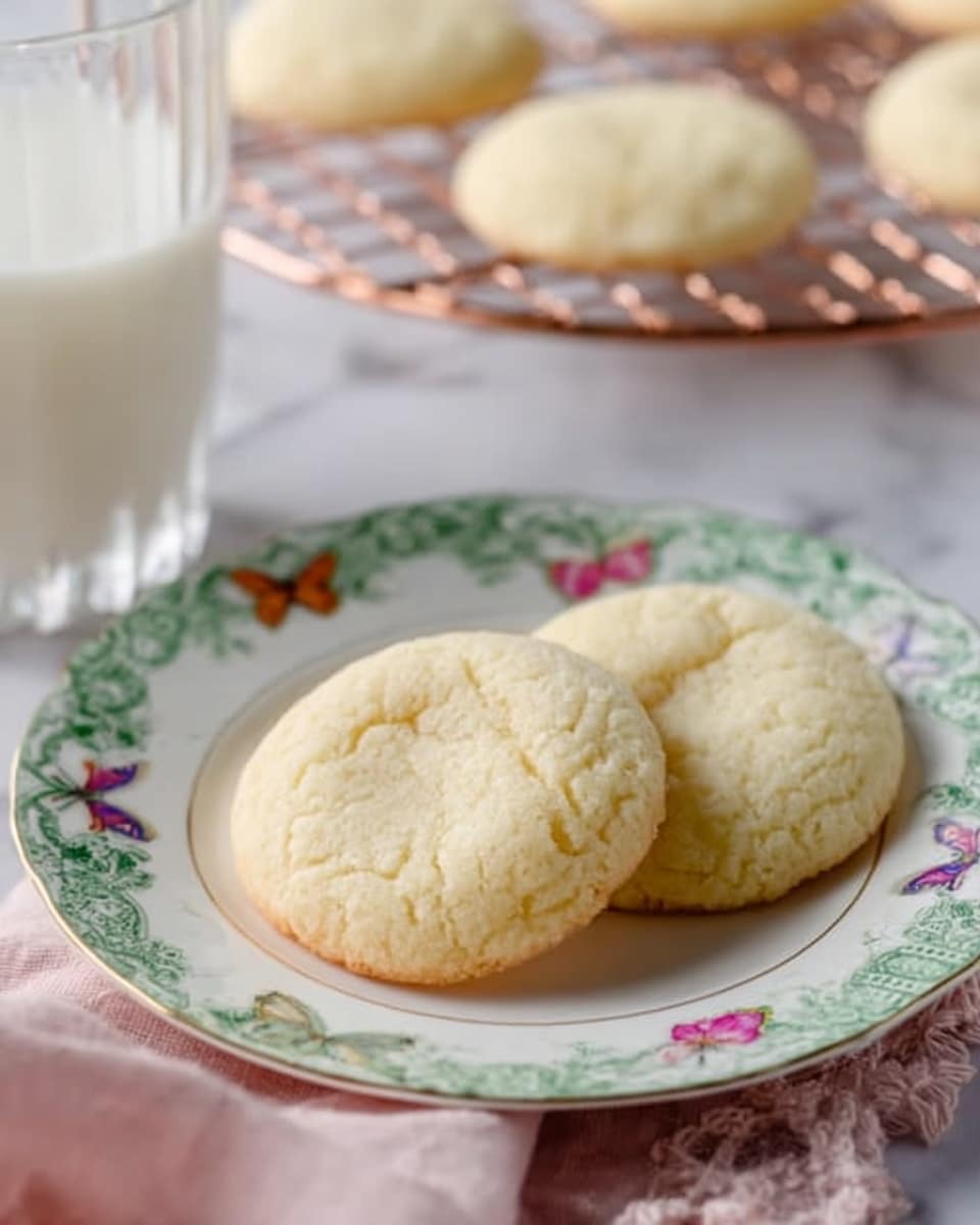 The image shows two soft, round, light golden cookies placed on a white porcelain plate with a green patterned rim and colorful butterfly designs. The cookies have a smooth, slightly puffy texture and sit on a white marbled surface with a soft pink cloth beside the plate. In the background, more cookies rest on a copper wire cooling rack next to a glass of milk. The overall setting is bright and clean, focusing on the fresh cookies. photo taken with an iphone --ar 4:5 --v 7