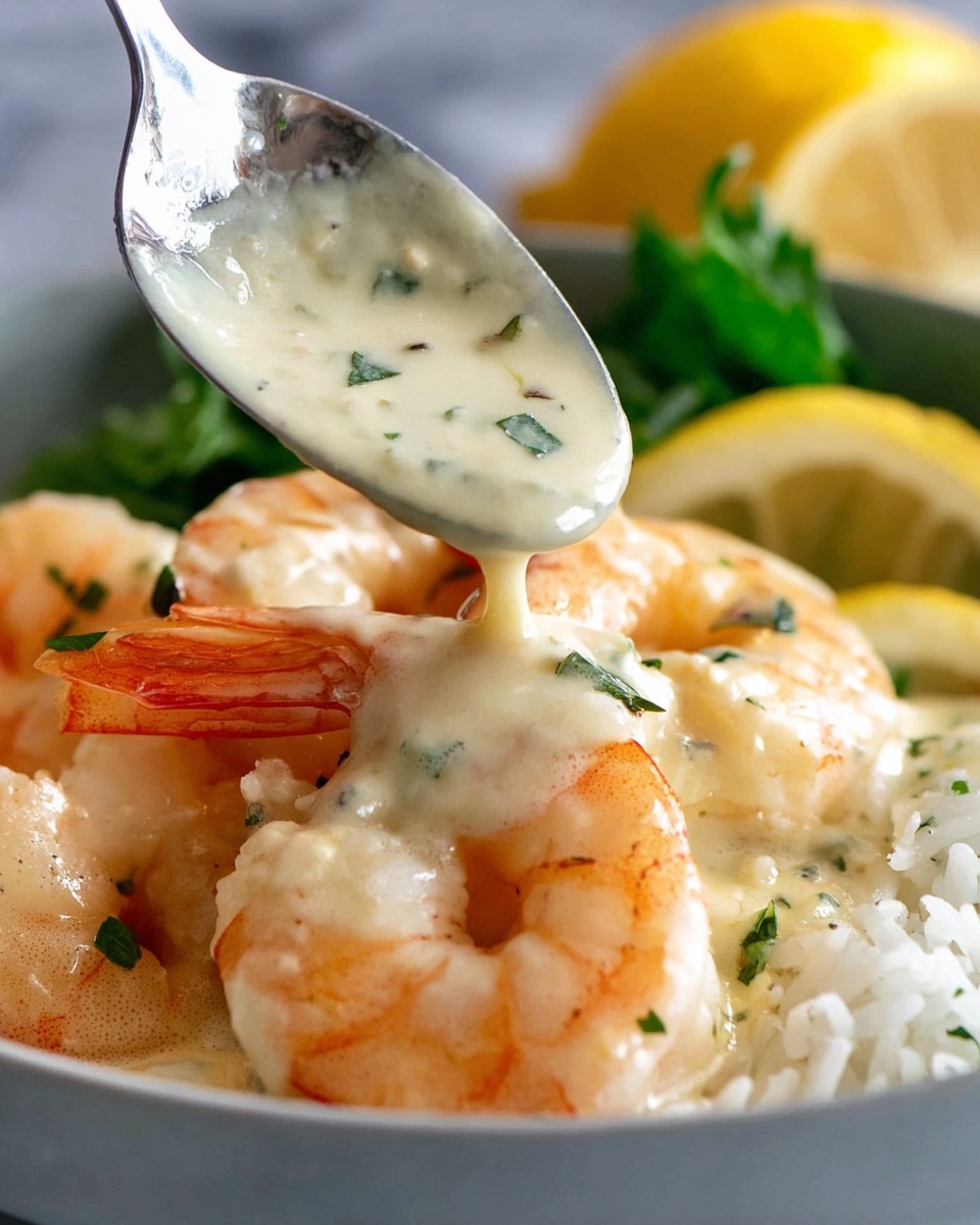 A close-up shot shows three cooked shrimp with a light orange color and peeled tails, resting on a bed of white rice inside a white bowl. A creamy white sauce with small green herb bits is being poured slowly from a spoon over the shrimp, covering most of them and the rice underneath. In the blurred background, there is a lemon slice and some green leafy herbs adding a touch of color. The surface below the bowl is a white marbled texture. photo taken with an iphone --ar 4:5 --v 7