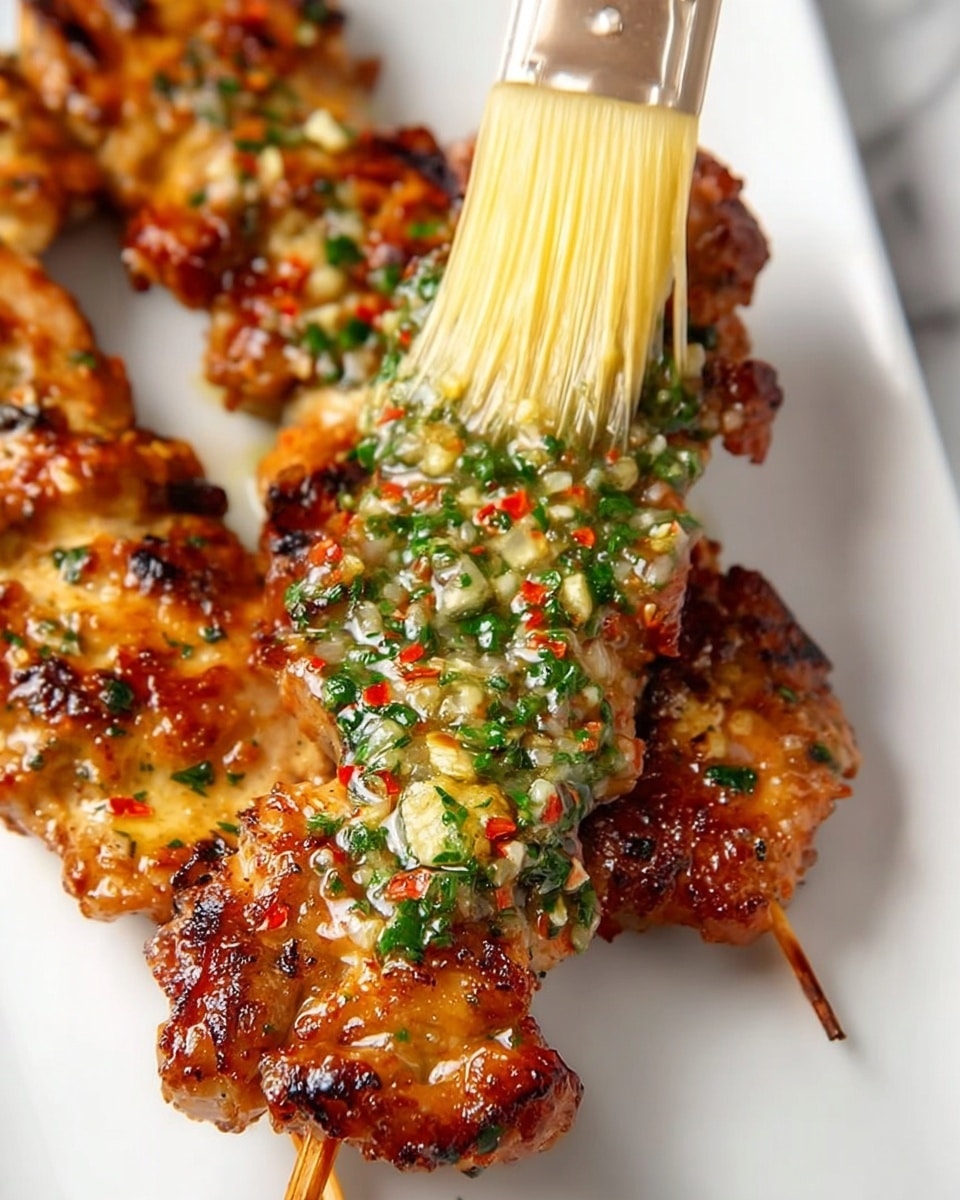 The image shows several skewers with pieces of grilled meat that have a crispy brown color. The meat is covered with a creamy, pale yellow sauce mixed with small green herb bits, likely parsley or cilantro. The sauce is unevenly spread on the meat and has a slightly grainy texture, possibly from cheese or breadcrumbs sprinkled on top. The skewers rest on a white rectangular plate placed on a white marbled surface. Some bits of the sauce and herbs spill around the meat, creating a fresh and rich visual effect. Photo taken with an iphone --ar 4:5 --v 7