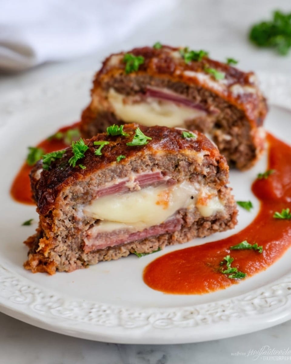 A close-up of two thick slices of stuffed meatloaf placed on a white decorative plate, each slice showing three layers: the outer layer is a browned, textured meat with a slightly crumbly surface, the middle layer is filled with thin, folded slices of dark pink ham, and the innermost layer contains melted white cheese that is oozing out at the edges. There are dollops of red sauce with a smooth texture spread around the slices on the plate, with small green parsley leaves scattered on top and beside the meatloaf. The plate rests on a white marbled surface. photo taken with an iphone --ar 4:5 --v 7