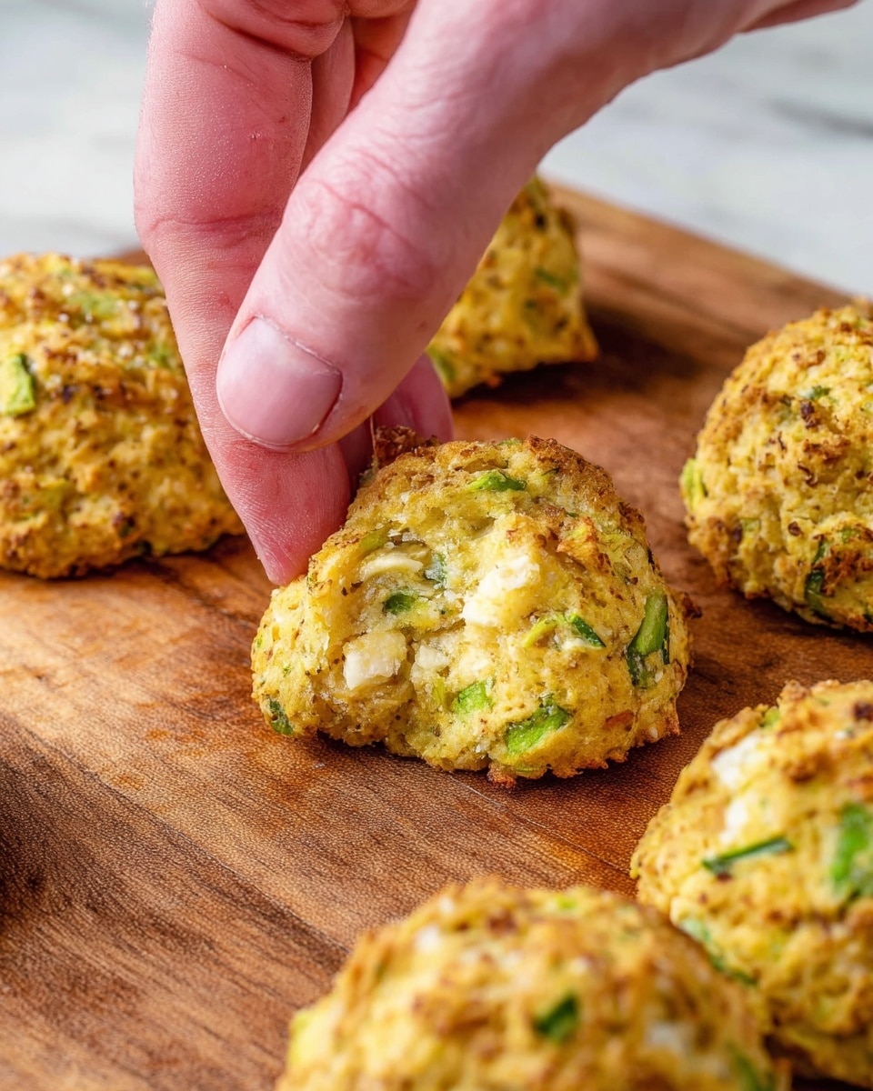 A close-up view of small, round, golden-brown snacks with visible green bits inside, laid out on a wooden board. The snacks have a rough texture with a slightly crispy surface and some white spots, likely cheese or a similar ingredient. A pale woman's hand is picking up one of the snacks, showing its light, airy structure and uneven edges. The background is a white marbled texture. photo taken with an iphone --ar 4:5 --v 7