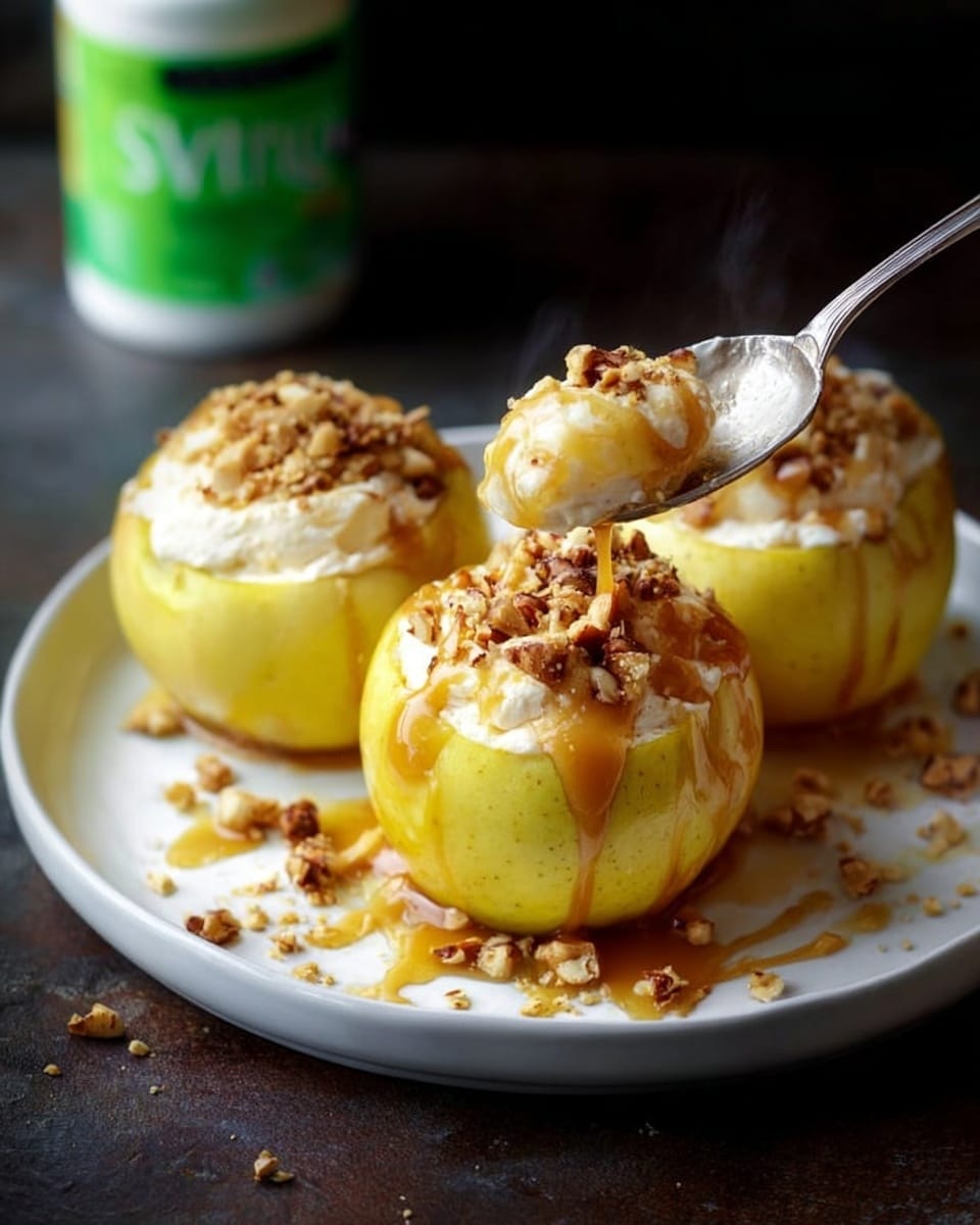 The image shows three stuffed apples arranged on a white plate placed on a white marbled surface. Each apple has a thick layer of creamy caramel cheesecake filling on top, which is soft and smooth in texture. The filling is drizzled with amber caramel sauce that flows slightly down the sides, adding a glossy finish. Crushed walnuts are sprinkled generously on the top of each apple and around the plate, adding a crunchy texture and light brown color. One apple is partially eaten, and a silver spoon sits on the plate with a woman's hand holding it, gently scooping out the filling from the apple. Photo taken with an iphone --ar 4:5 --v 7