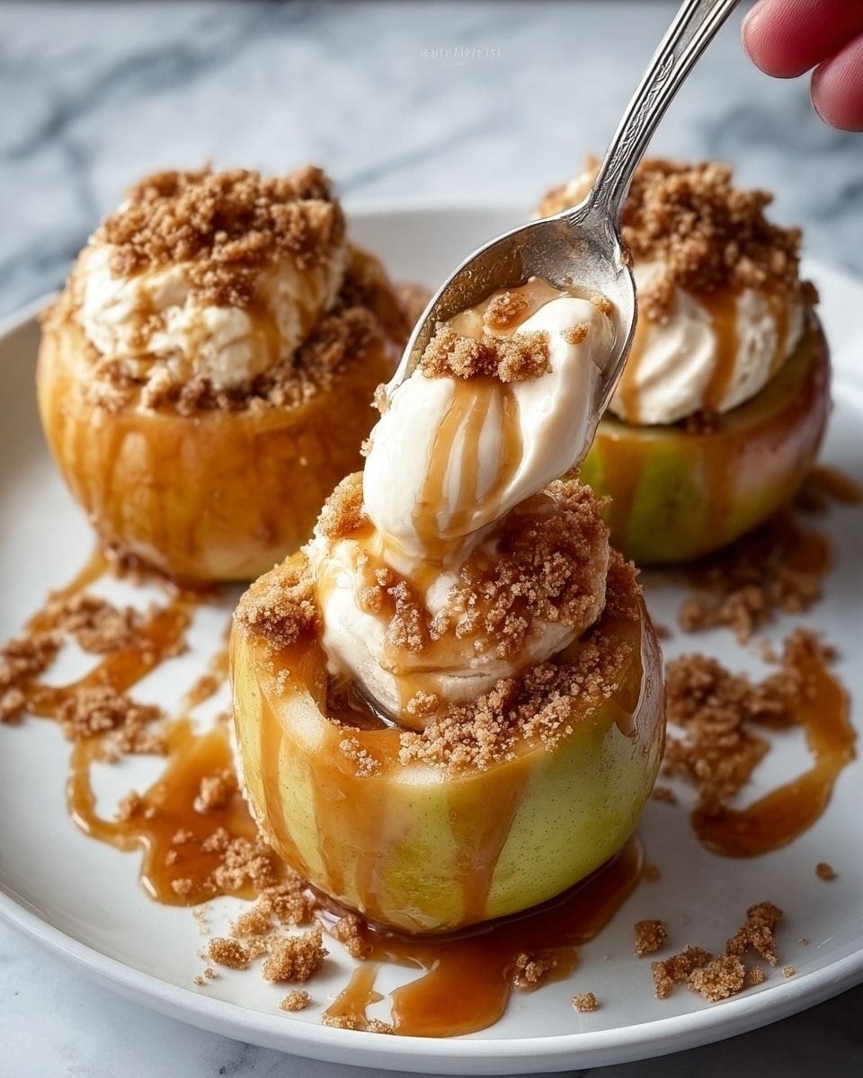 A white plate holds three round yellow apples, each topped with a layer of creamy white filling that spills slightly over the edges. Over the filling, there is a drizzle of amber-colored caramel sauce and a sprinkle of light brown crushed nuts scattered around and on top of the apples. One apple is being scooped with a silver spoon. The plate is placed on a dark surface with a blurred green and white container in the background. photo taken with an iphone --ar 4:5 --v 7