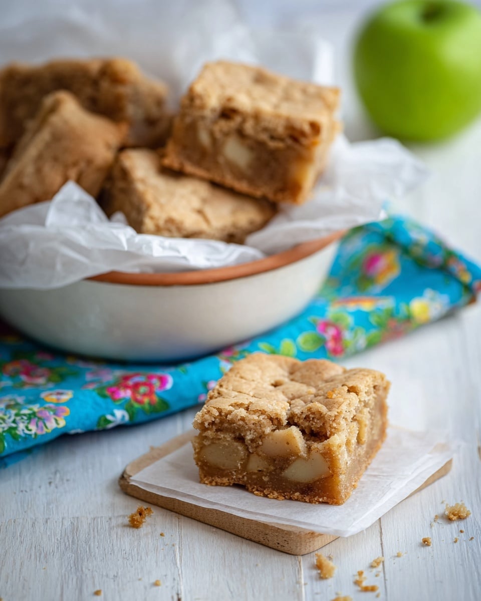 A close-up view of a square piece of light brown cookie with visible apple chunks inside, placed on a small white paper square on a white marbled wooden surface. The cookie looks soft with a slightly cracked top and small crumbs around it. To the left, a white round bowl lined with crinkled white parchment paper holds several more cookie squares stacked loosely. Underneath the bowl, there is a blue napkin with a colorful floral pattern. In the background to the right, a fresh green apple sits on the white marbled surface, slightly out of focus. photo taken with an iphone --ar 4:5 --v 7