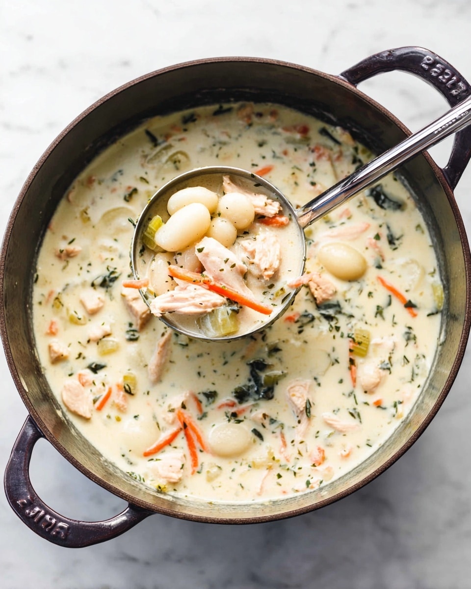 A large dark pot filled with creamy white soup that has chunks of light pink chicken, small white gnocchi, thin orange carrot strips, and green celery pieces mixed with leafy herbs, all evenly spread in the soup. A shiny silver ladle is lifting a portion from the pot, showing a thick, rich texture with visible ingredients. The pot rests on a white marbled surface. Photo taken with an iphone --ar 4:5 --v 7