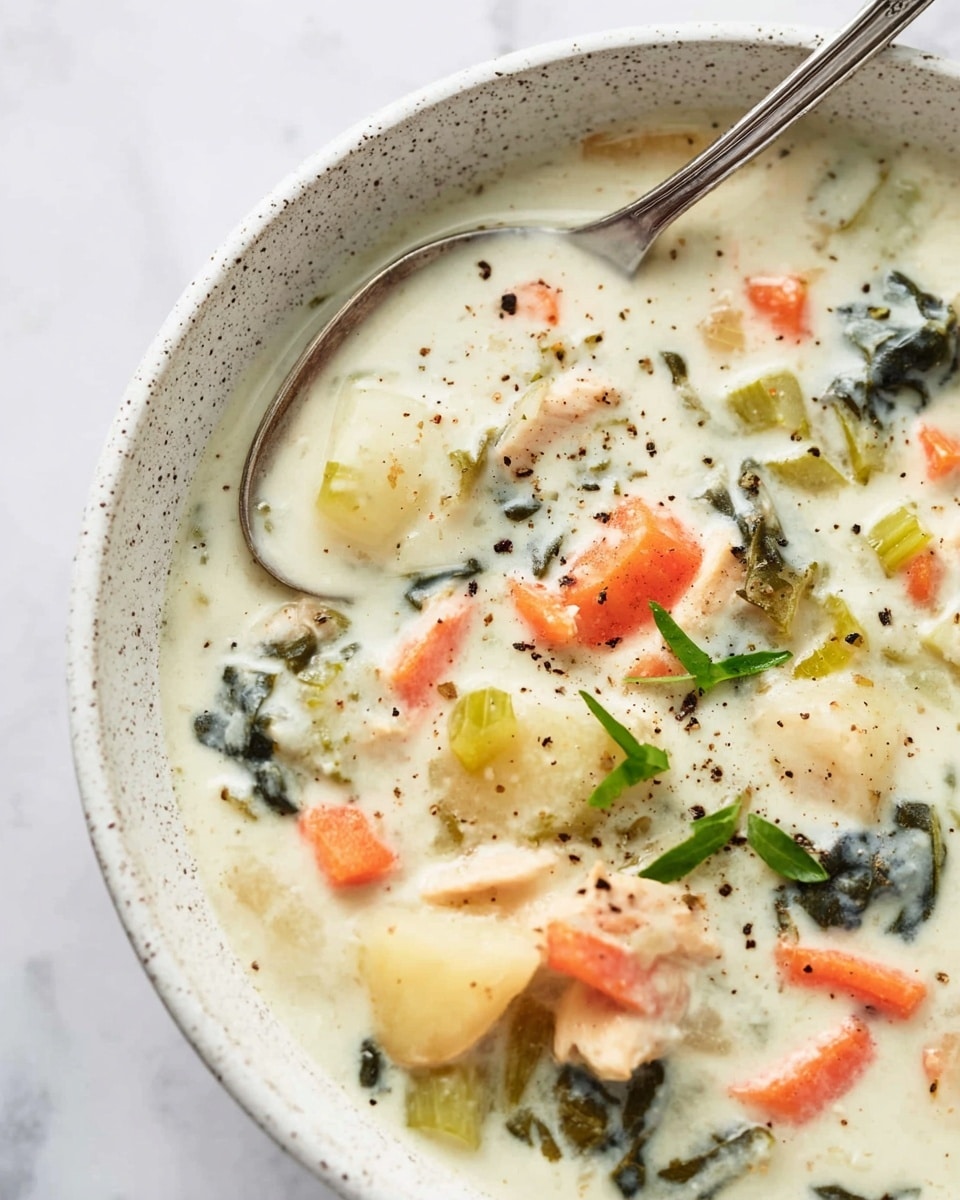 A close-up view of a bowl filled with creamy white soup that has a thick texture. The soup contains visible chunks of orange carrot strips, small green celery pieces, light potato pieces, dark green leafy bits, and small pieces of light-colored meat visible throughout. There are a few small green herb leaves on top with a sprinkle of black pepper. A silver spoon rests inside the white speckled bowl, which sits on a white marbled surface. Photo taken with an iphone --ar 4:5 --v 7